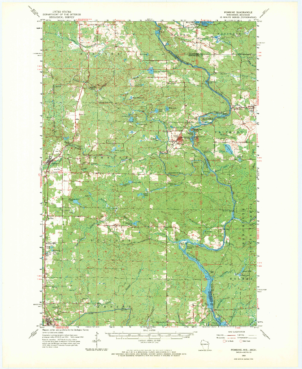 USGS 1:62500-SCALE QUADRANGLE FOR PEMBINE, WI 1963