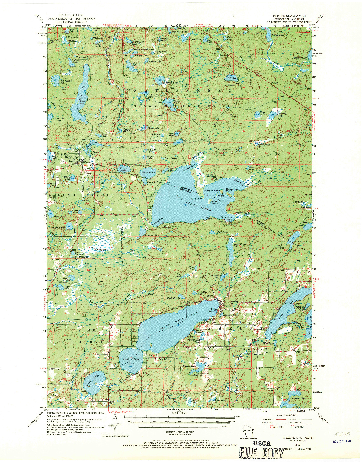 USGS 1:62500-SCALE QUADRANGLE FOR PHELPS, WI 1956