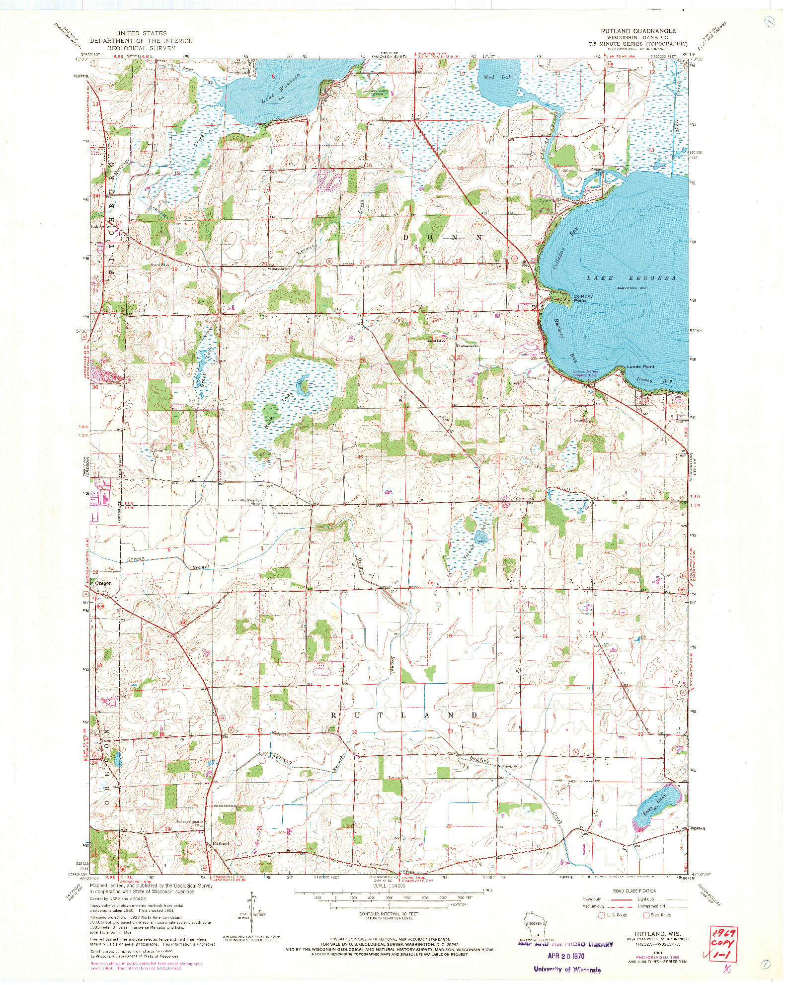 USGS 1:24000-SCALE QUADRANGLE FOR RUTLAND, WI 1961