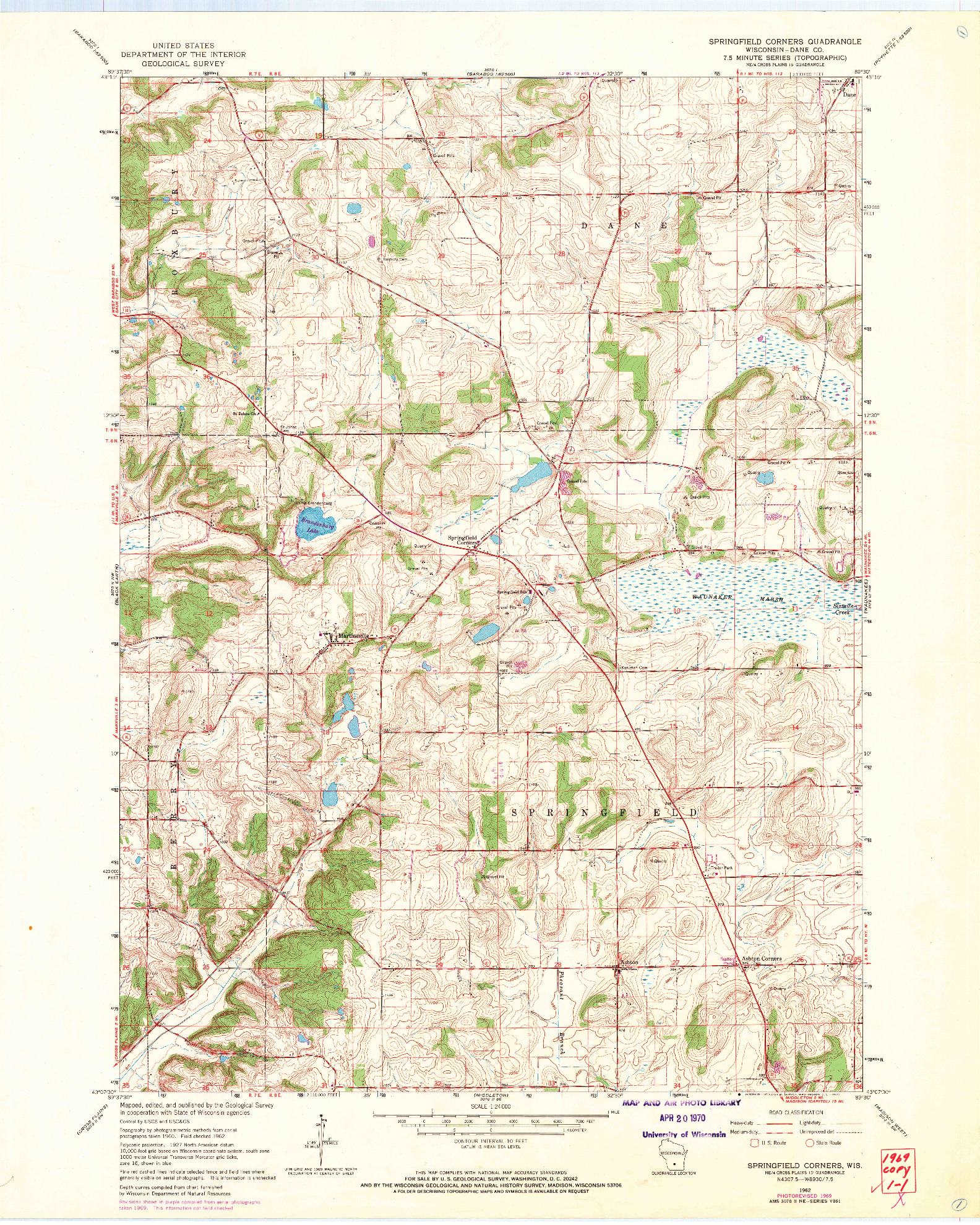 USGS 1:24000-SCALE QUADRANGLE FOR SPRINGFIELD CORNERS, WI 1962