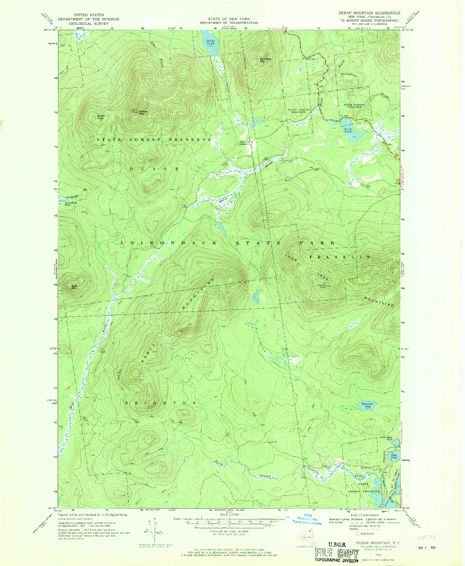 USGS 1:24000-SCALE QUADRANGLE FOR DEBAR MOUNTAIN, NY 1968