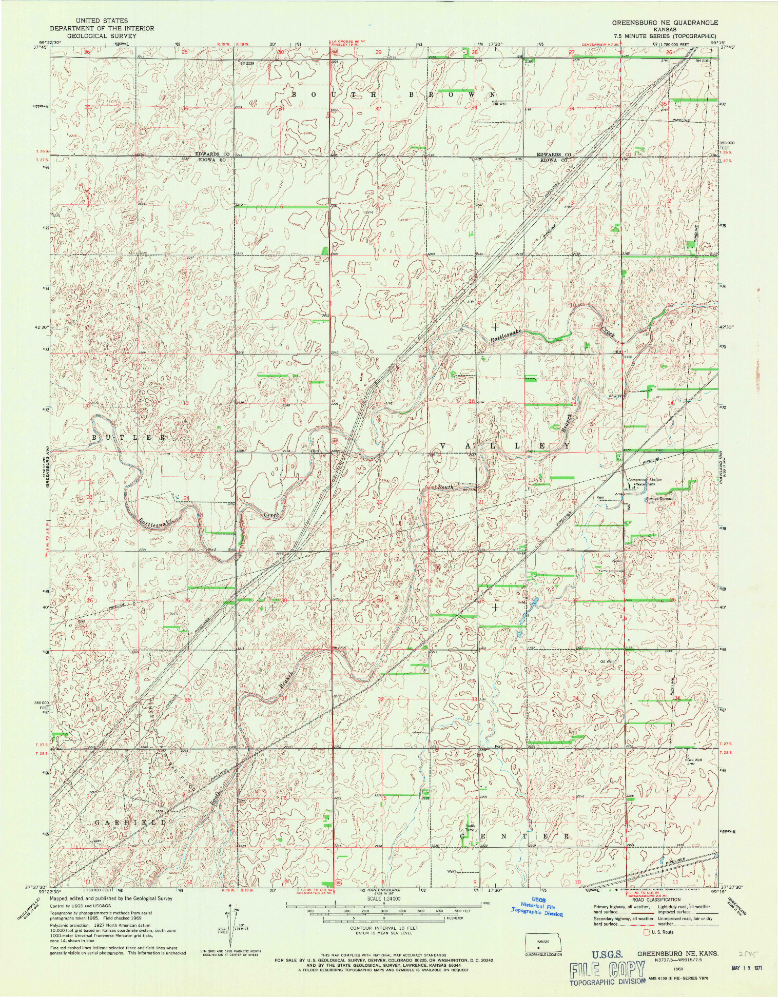 USGS 1:24000-SCALE QUADRANGLE FOR GREENSBURG NE, KS 1969
