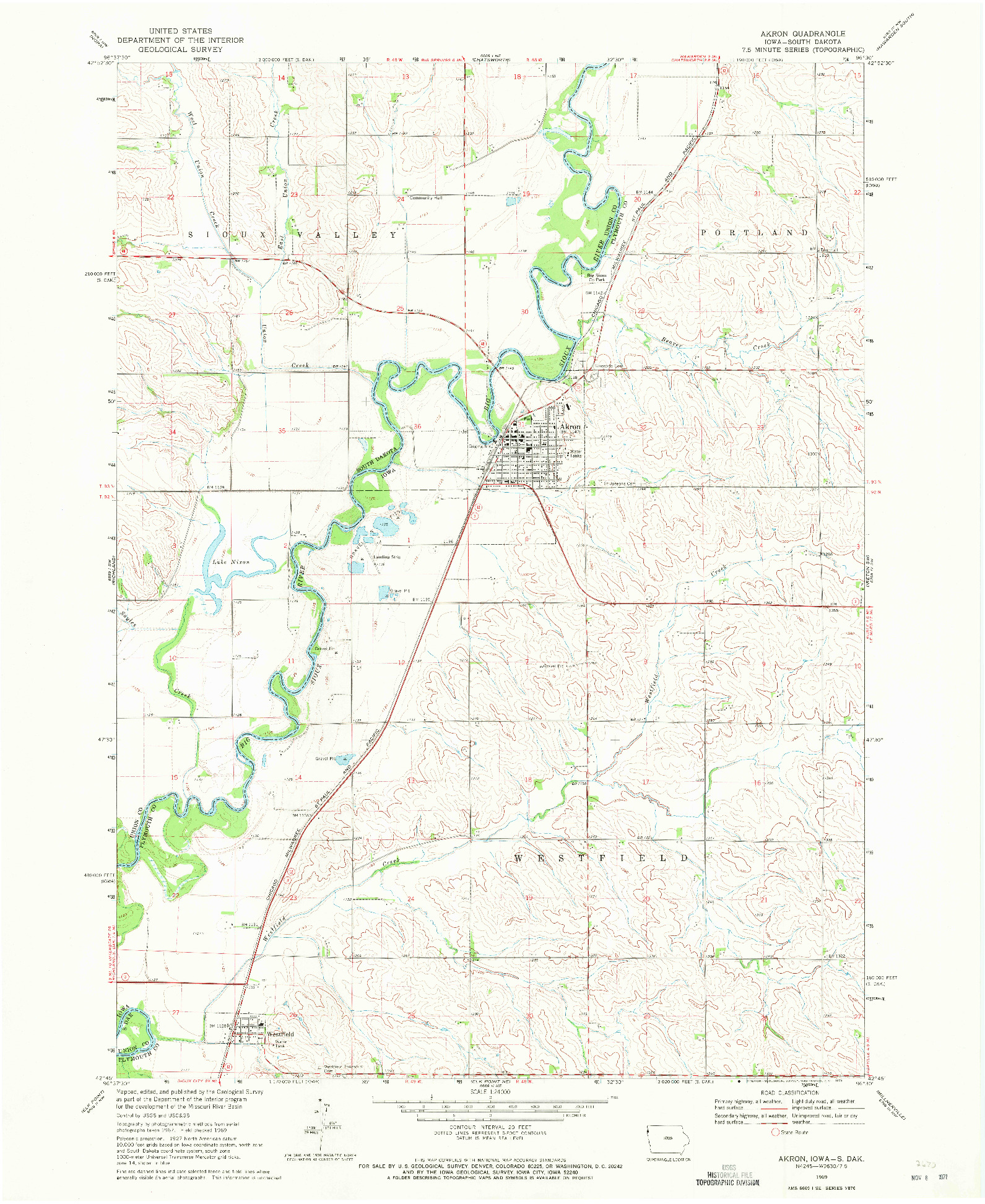 USGS 1:24000-SCALE QUADRANGLE FOR AKRON, IA 1969