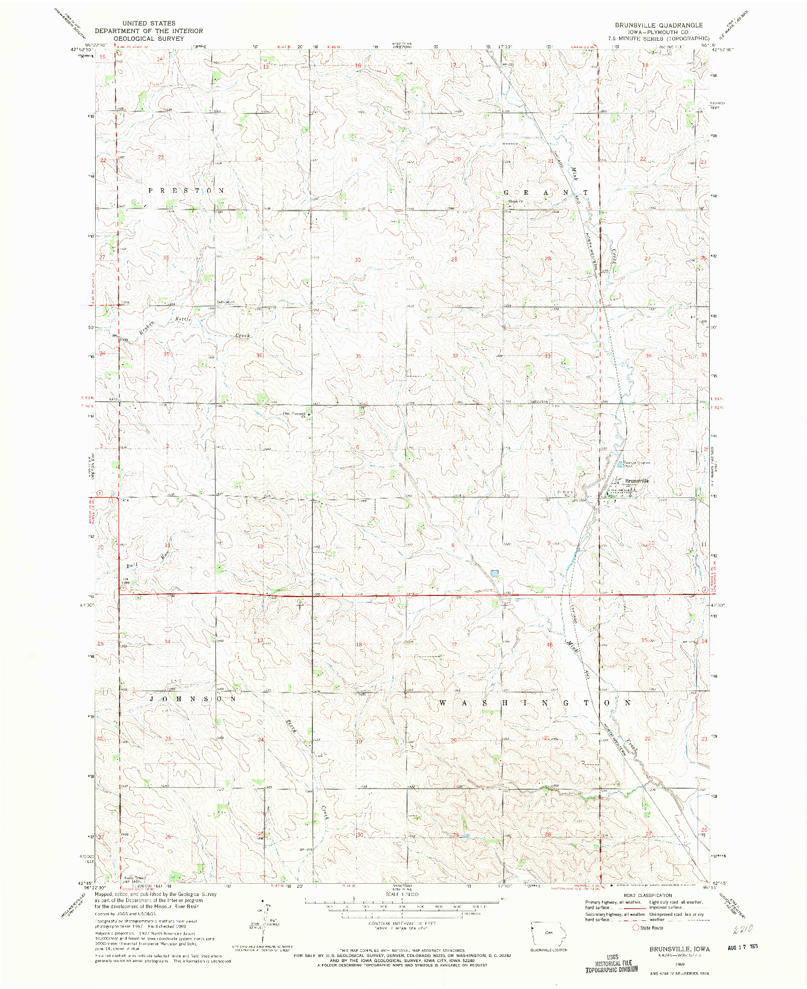 USGS 1:24000-SCALE QUADRANGLE FOR BRUNSVILLE, IA 1969