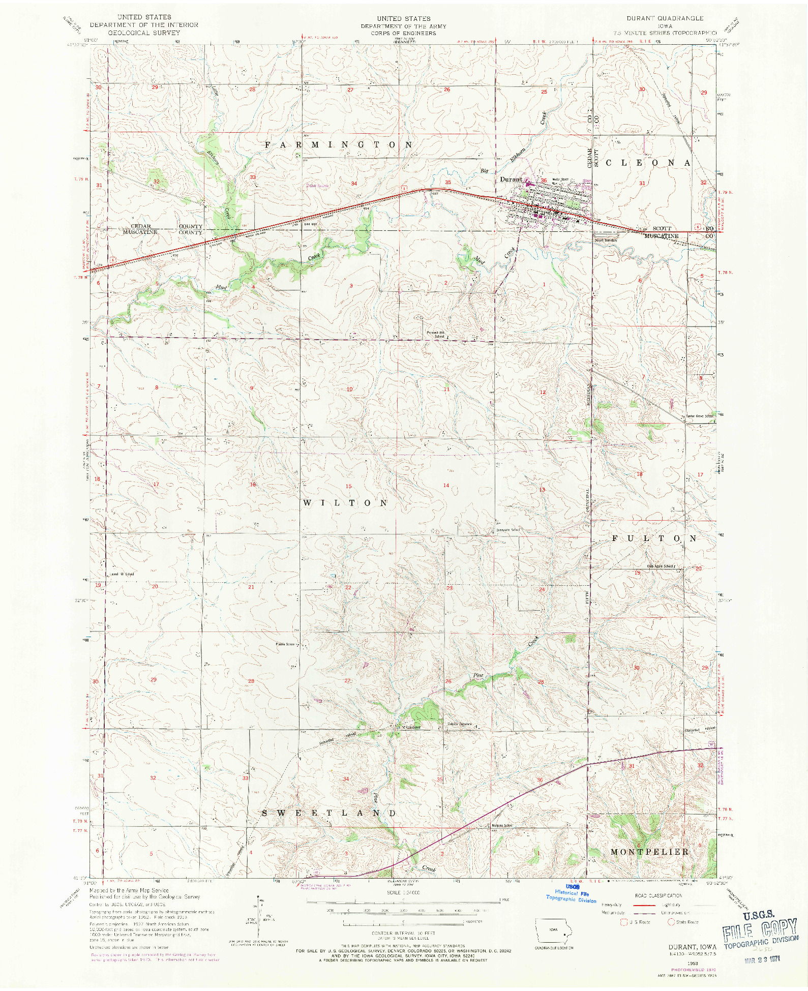 USGS 1:24000-SCALE QUADRANGLE FOR DURANT, IA 1953