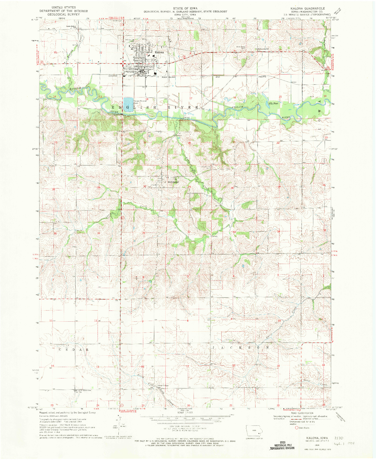 USGS 1:24000-SCALE QUADRANGLE FOR KALONA, IA 1969