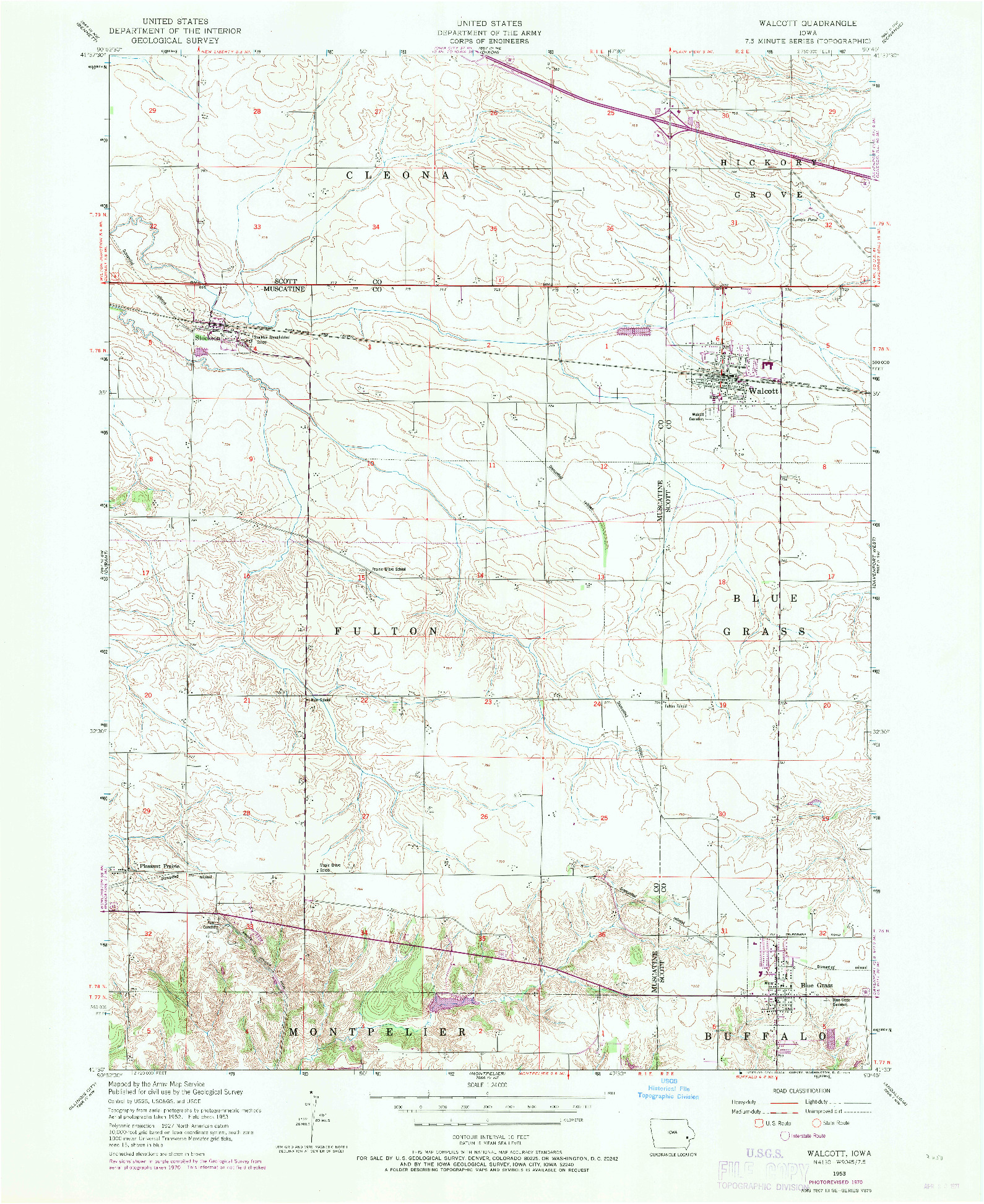 USGS 1:24000-SCALE QUADRANGLE FOR WALCOTT, IA 1953