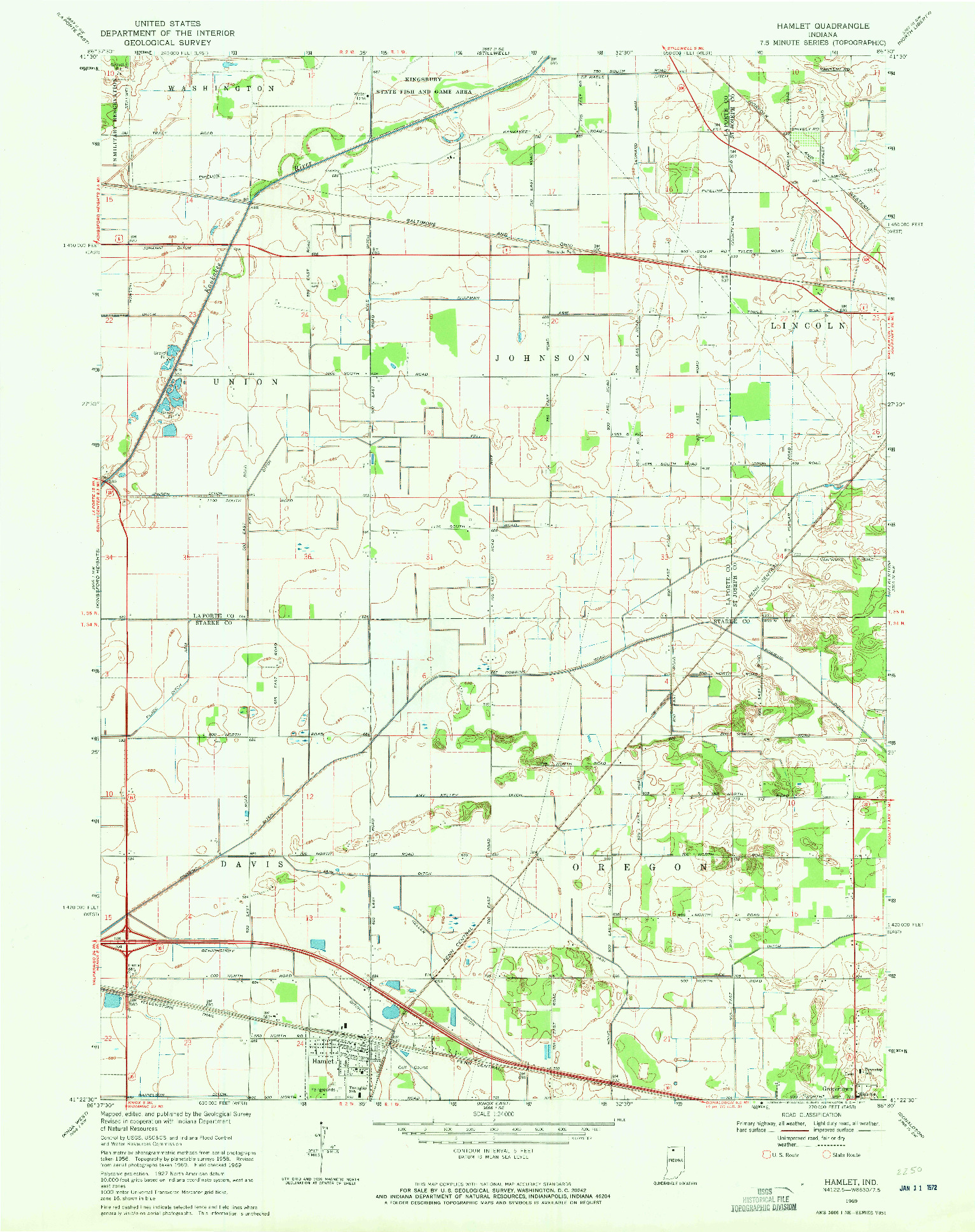 USGS 1:24000-SCALE QUADRANGLE FOR HAMLET, IN 1969