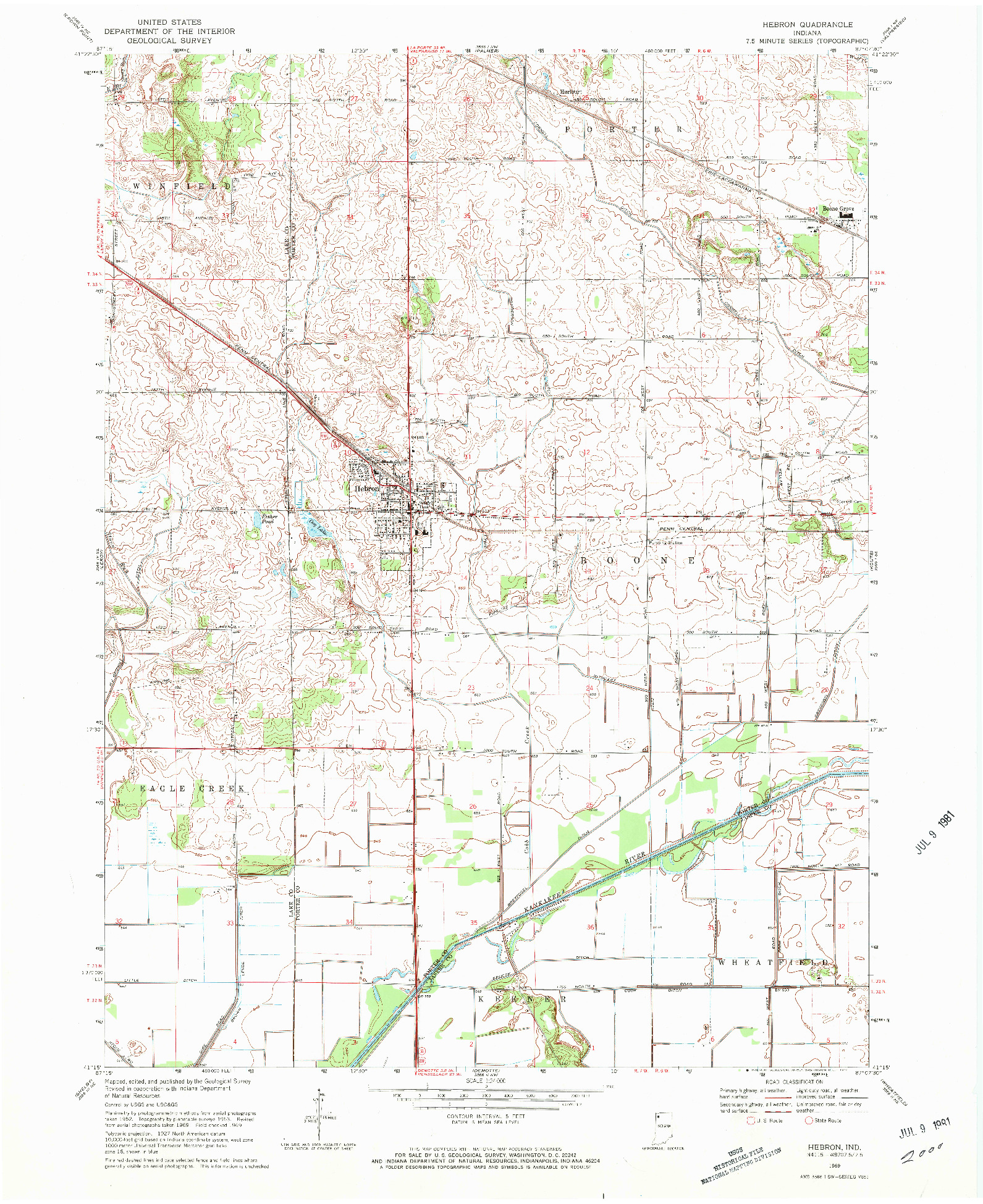 USGS 1:24000-SCALE QUADRANGLE FOR HEBRON, IN 1969