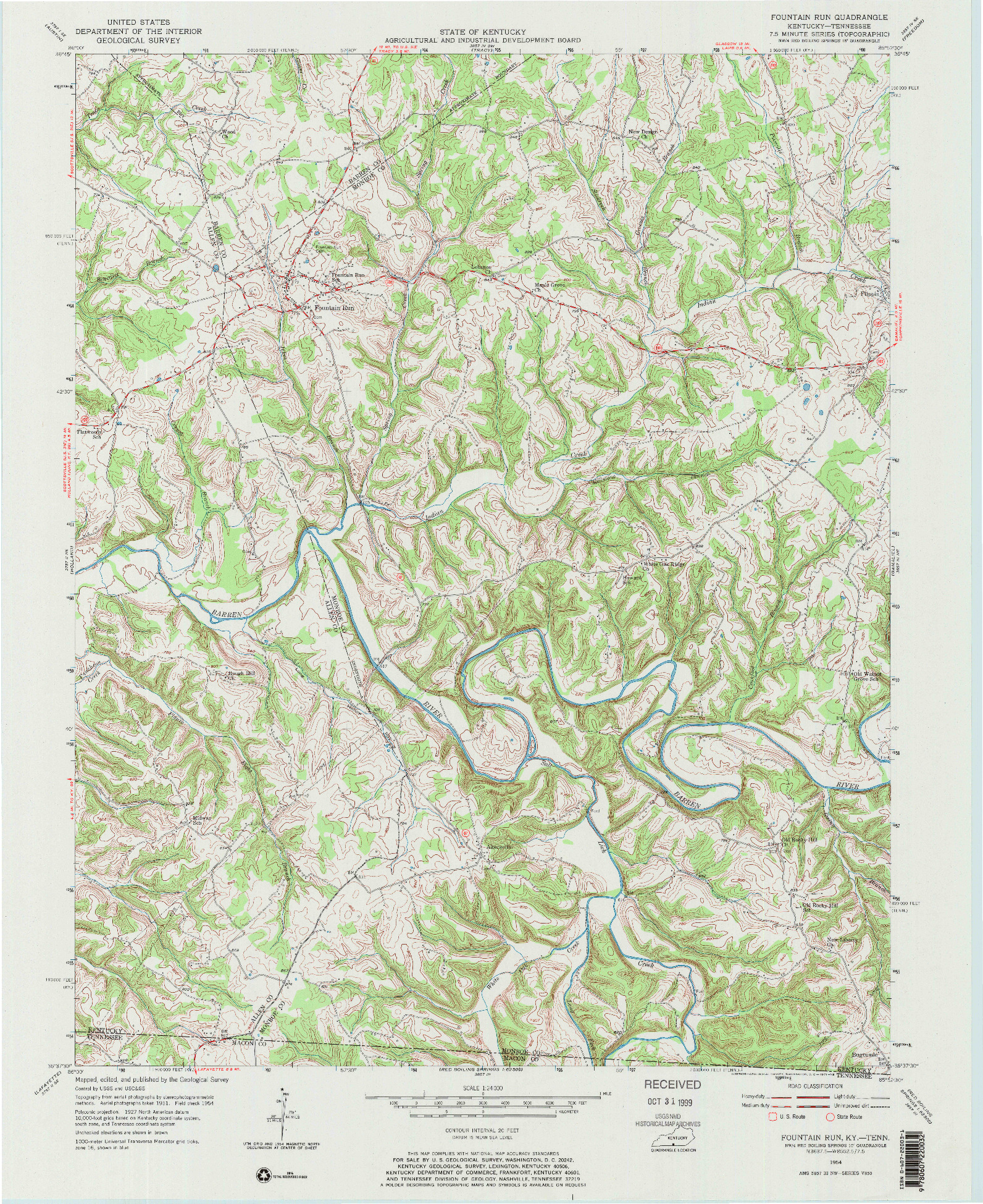USGS 1:24000-SCALE QUADRANGLE FOR FOUNTAIN RUN, KY 1954