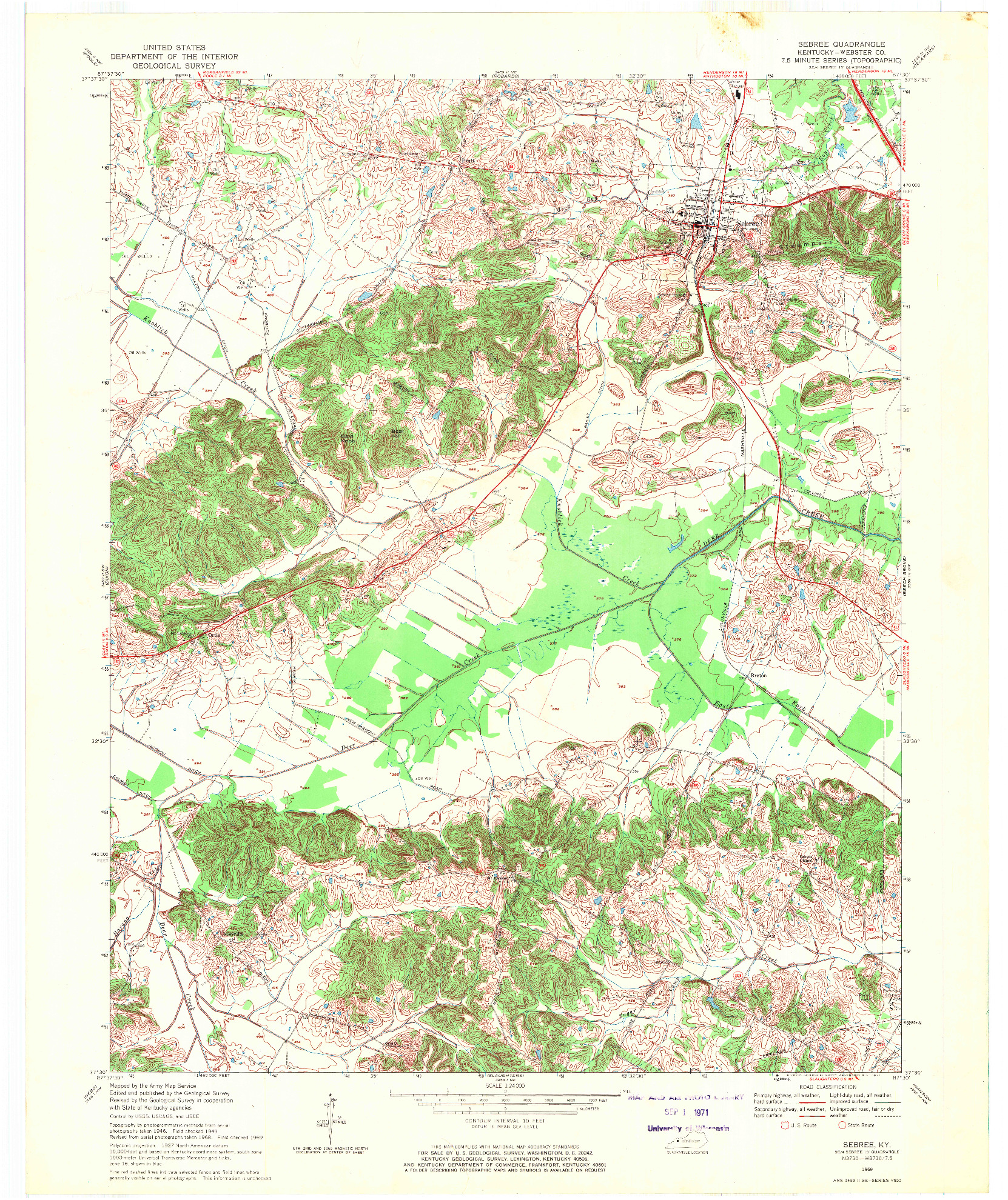 USGS 1:24000-SCALE QUADRANGLE FOR SEBREE, KY 1969