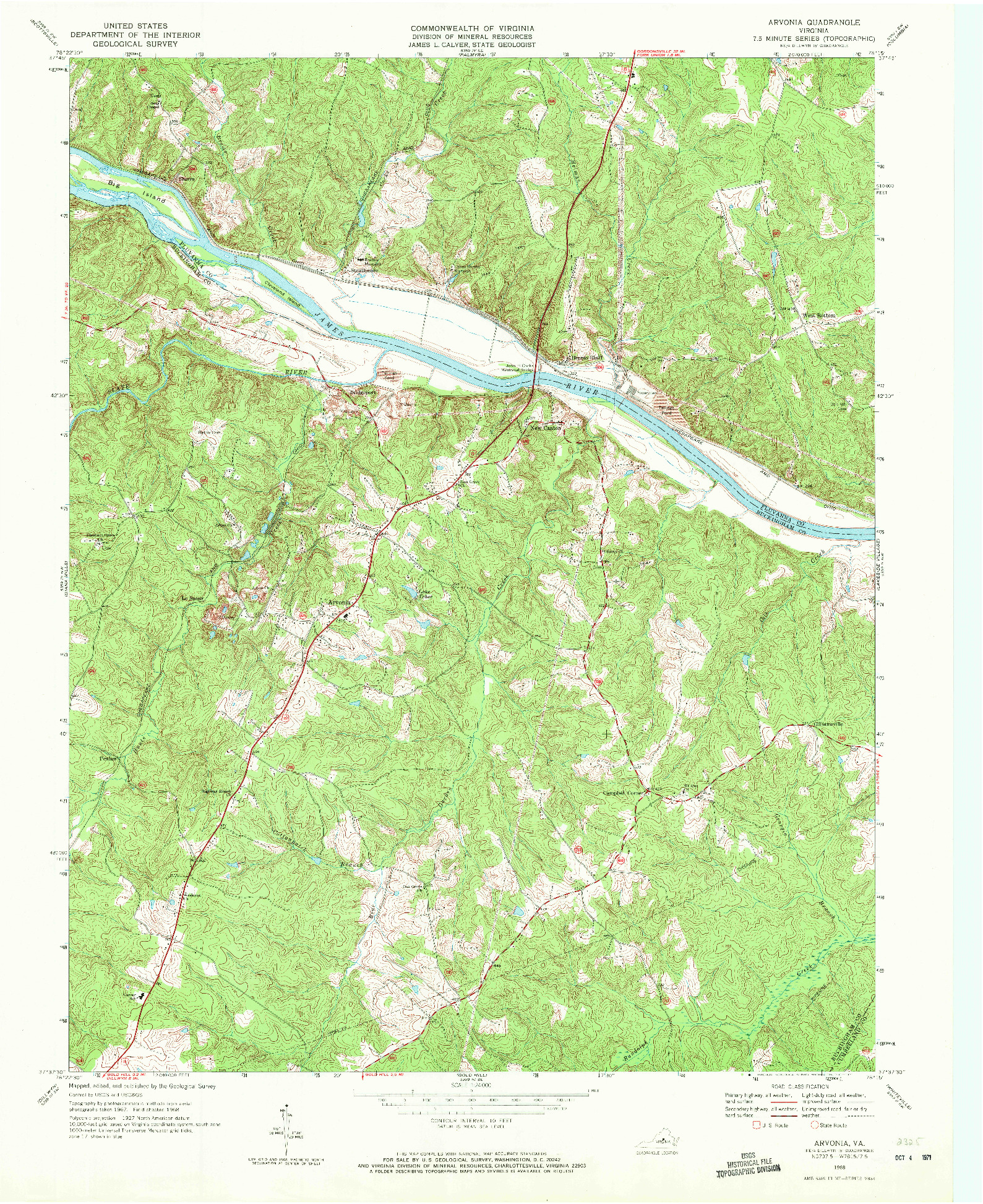 USGS 1:24000-SCALE QUADRANGLE FOR ARVONIA, VA 1968