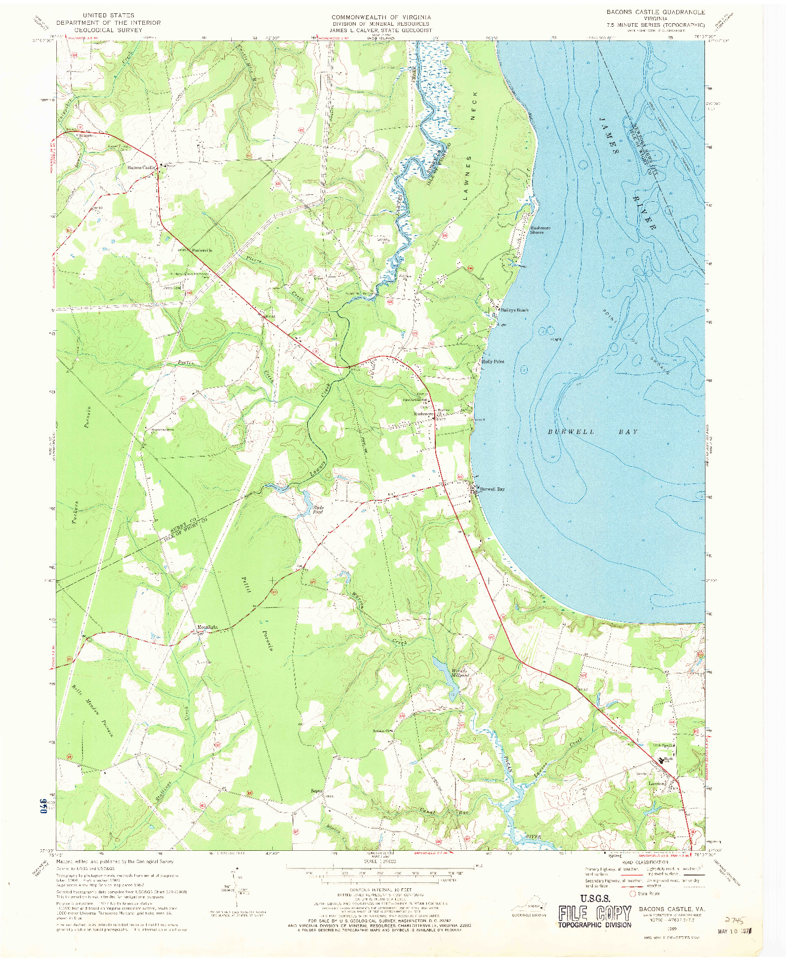 USGS 1:24000-SCALE QUADRANGLE FOR BACONS CASTLE, VA 1969