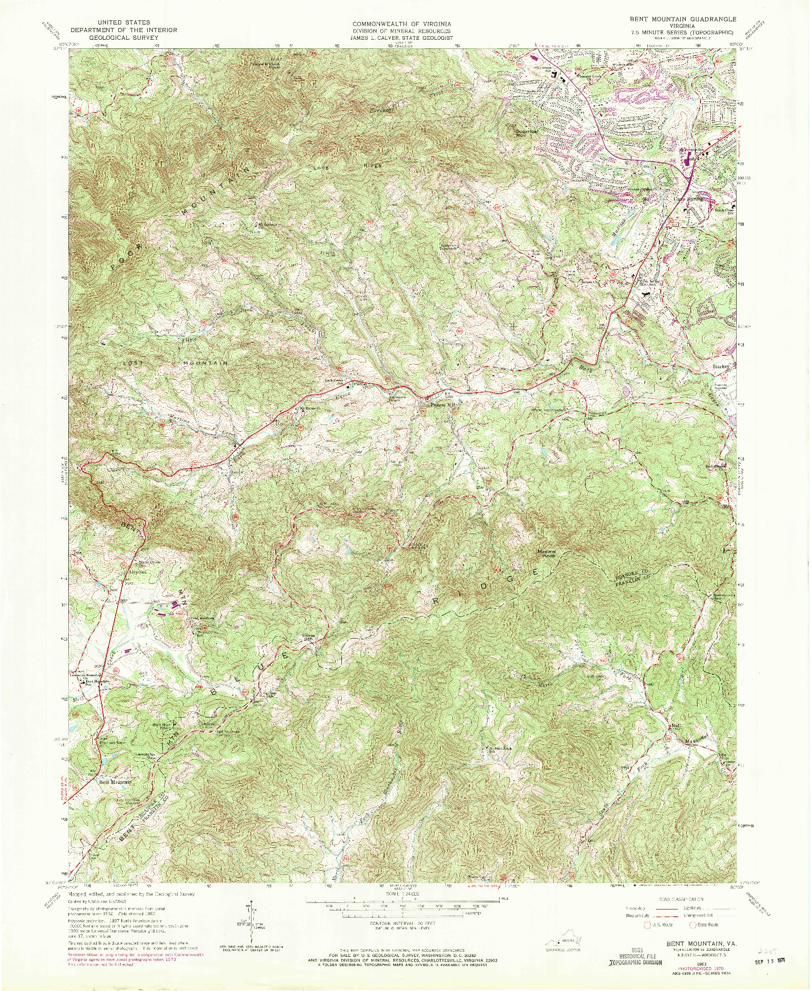 USGS 1:24000-SCALE QUADRANGLE FOR BENT MOUNTAIN, VA 1963