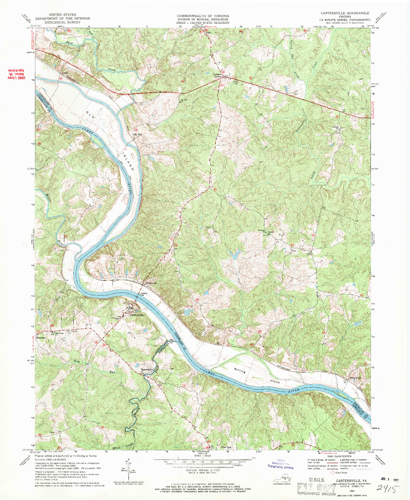 USGS 1:24000-SCALE QUADRANGLE FOR CARTERSVILLE, VA 1969