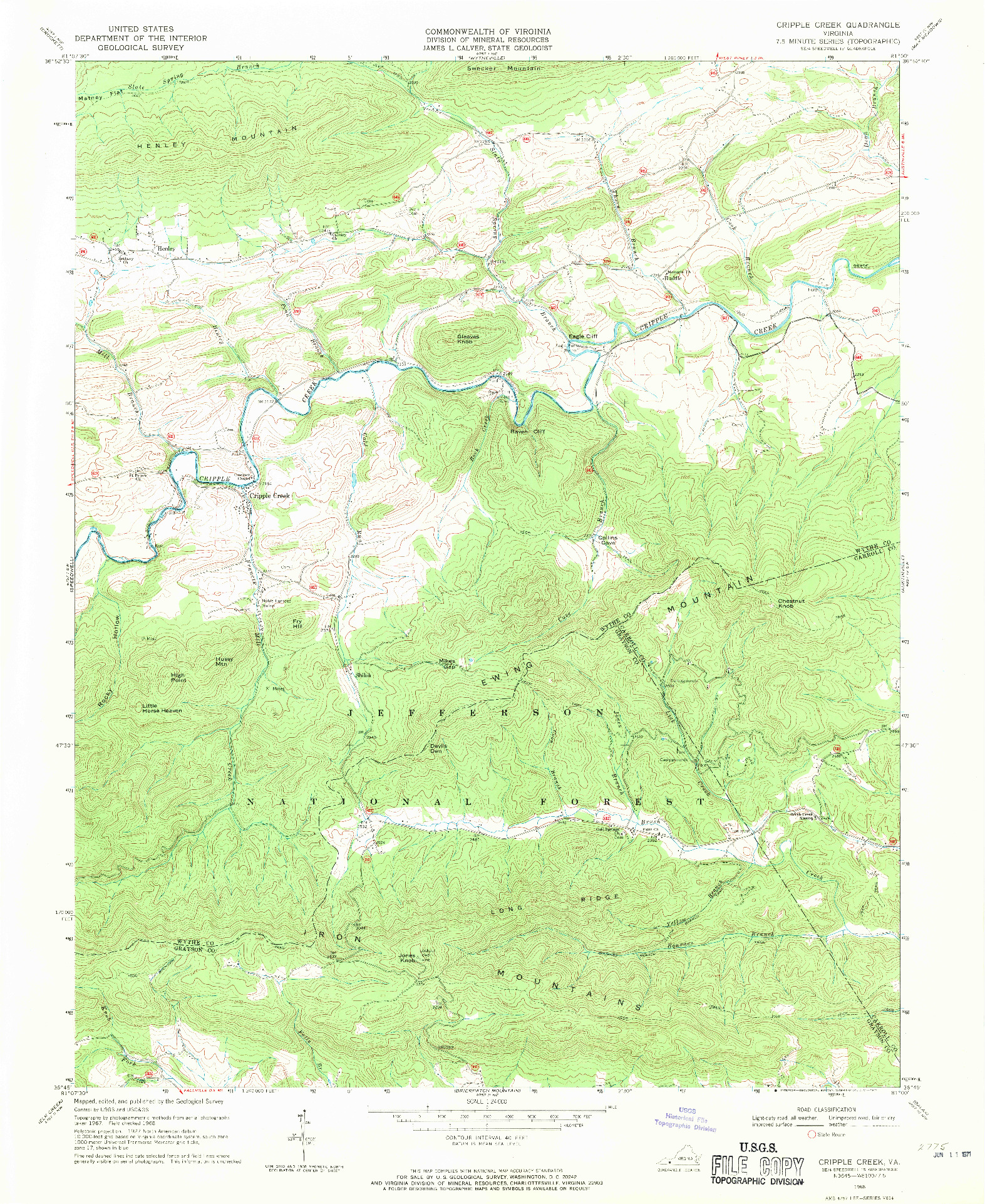 USGS 1:24000-SCALE QUADRANGLE FOR CRIPPLE CREEK, VA 1968