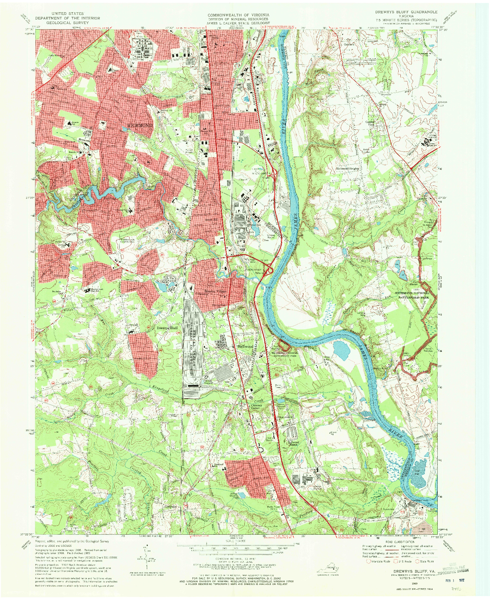 USGS 1:24000-SCALE QUADRANGLE FOR DREWRYS BLUFF, VA 1969