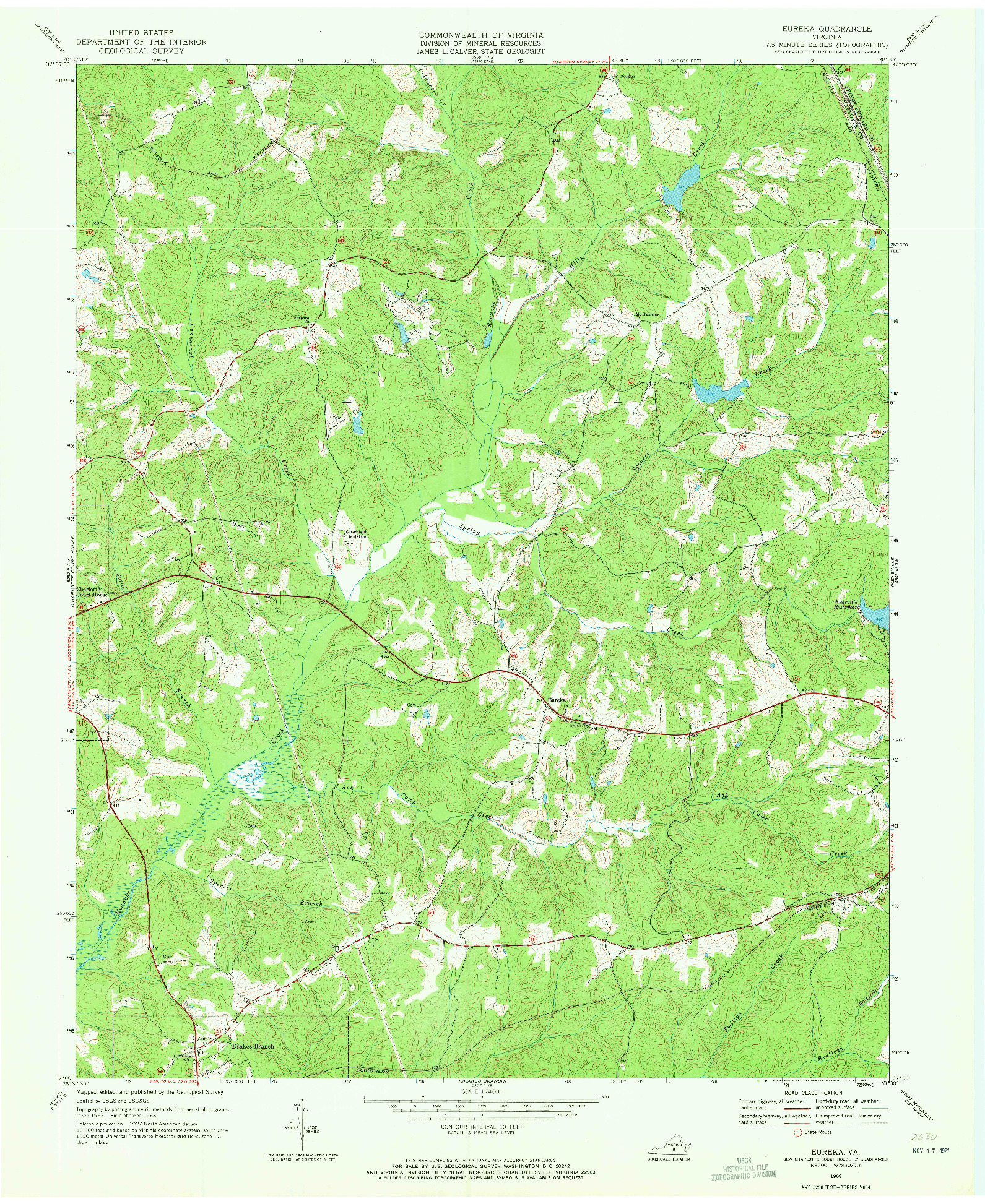 USGS 1:24000-SCALE QUADRANGLE FOR EUREKA, VA 1968