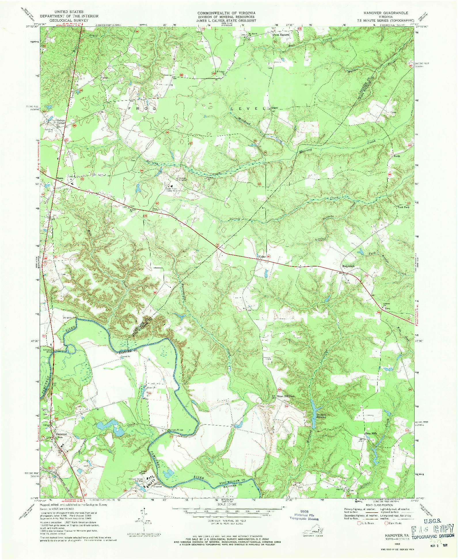 USGS 1:24000-SCALE QUADRANGLE FOR HANOVER, VA 1969