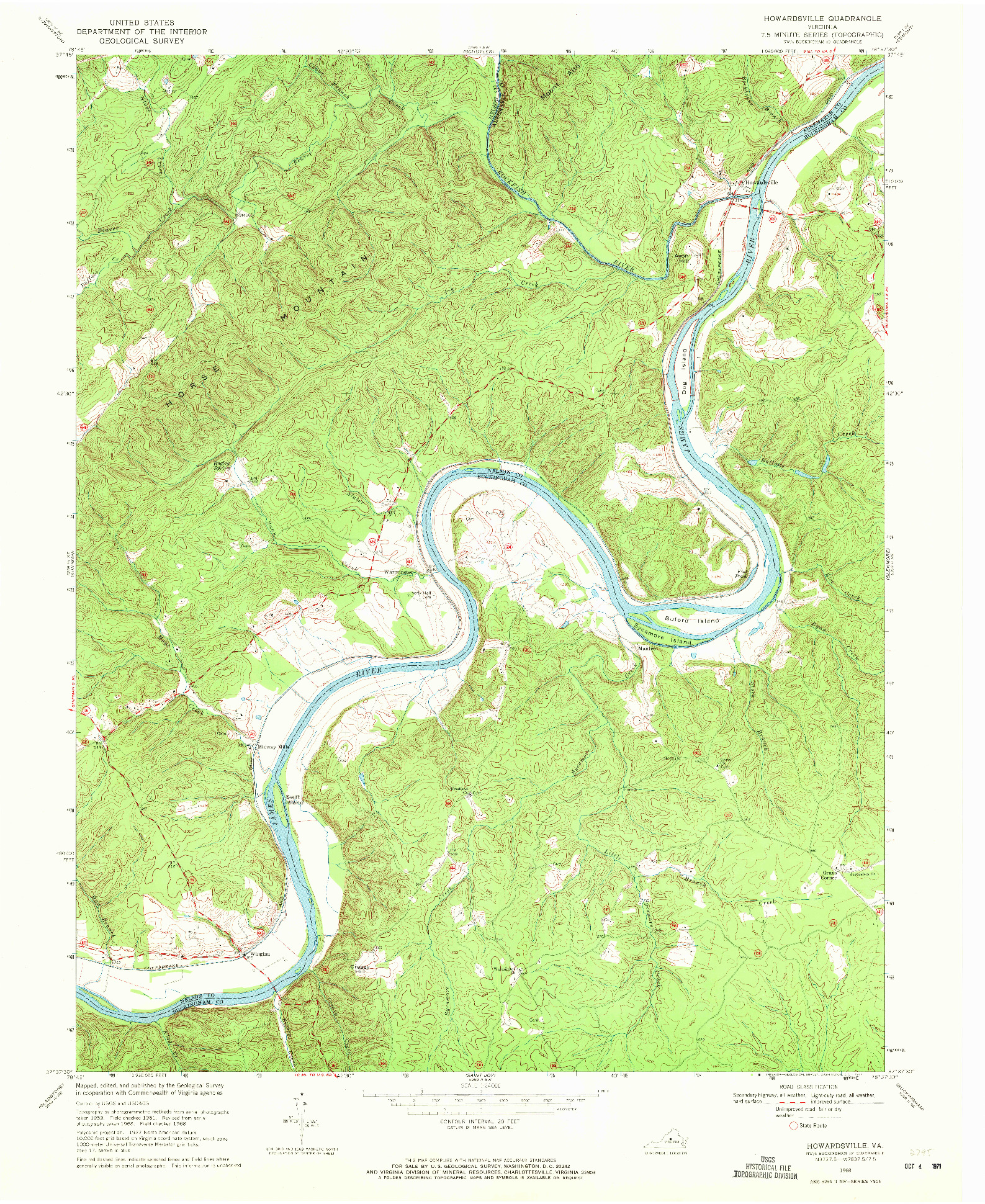 USGS 1:24000-SCALE QUADRANGLE FOR HOWARDSVILLE, VA 1968