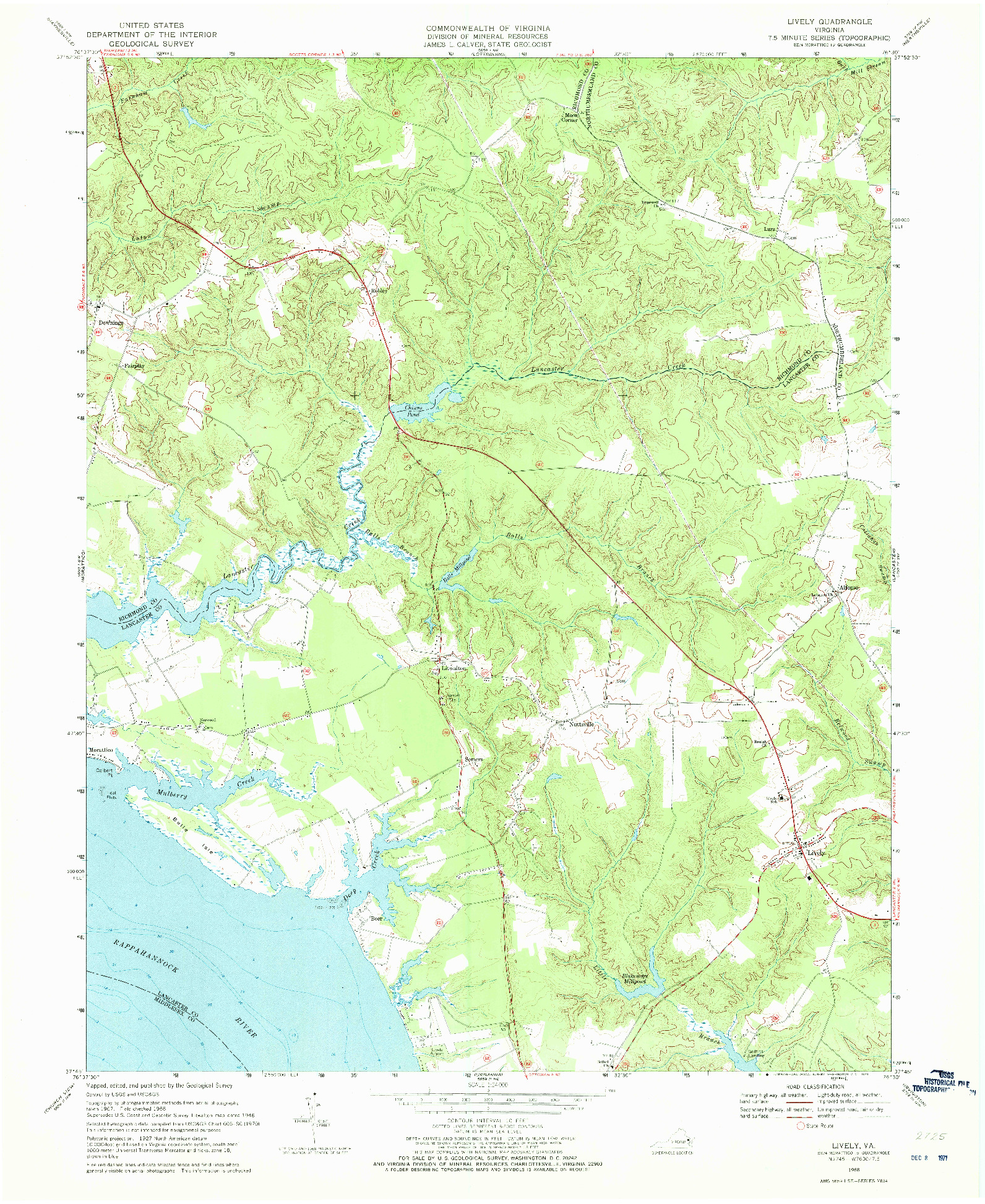 USGS 1:24000-SCALE QUADRANGLE FOR LIVELY, VA 1968