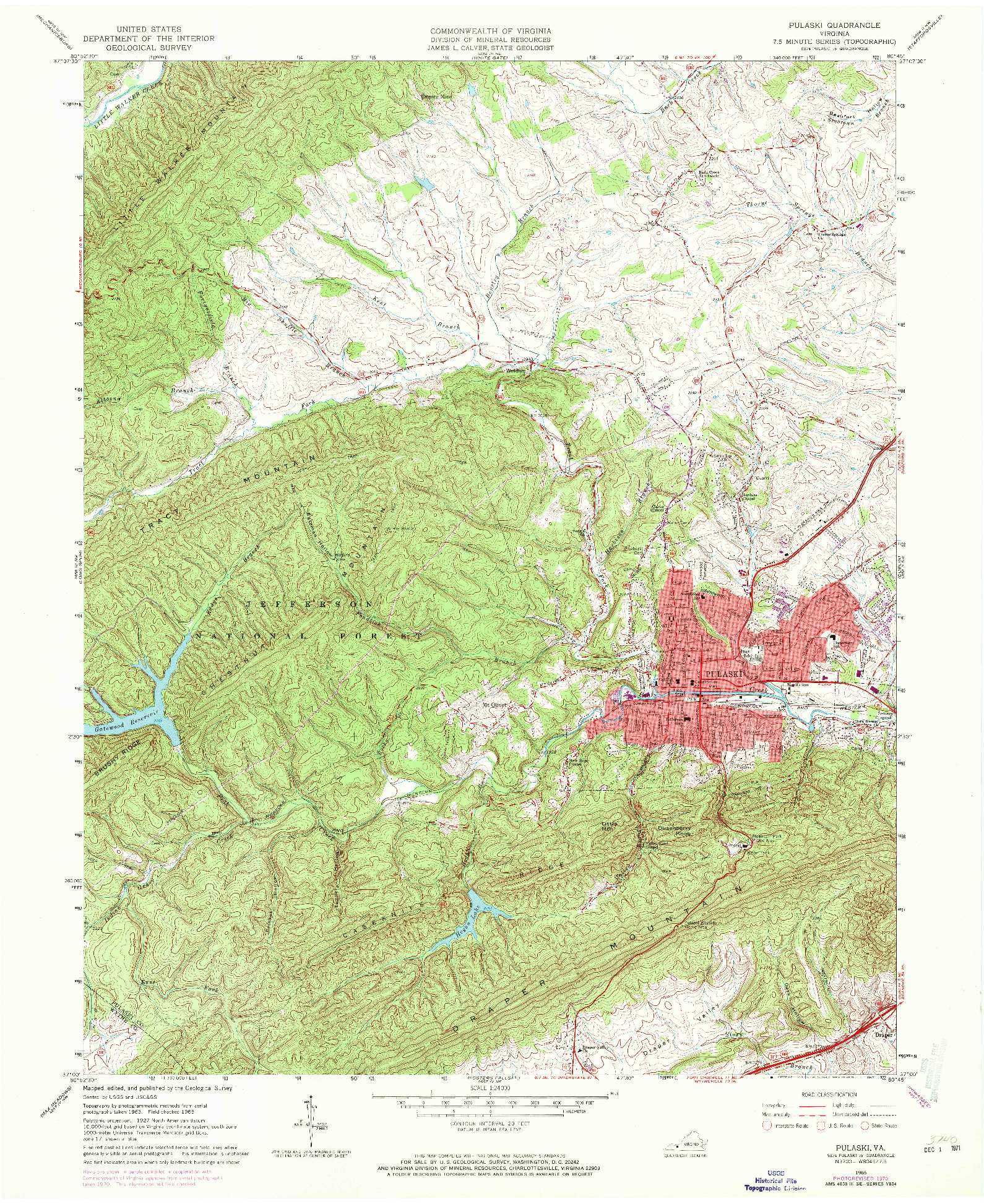 USGS 1:24000-SCALE QUADRANGLE FOR PULASKI, VA 1965