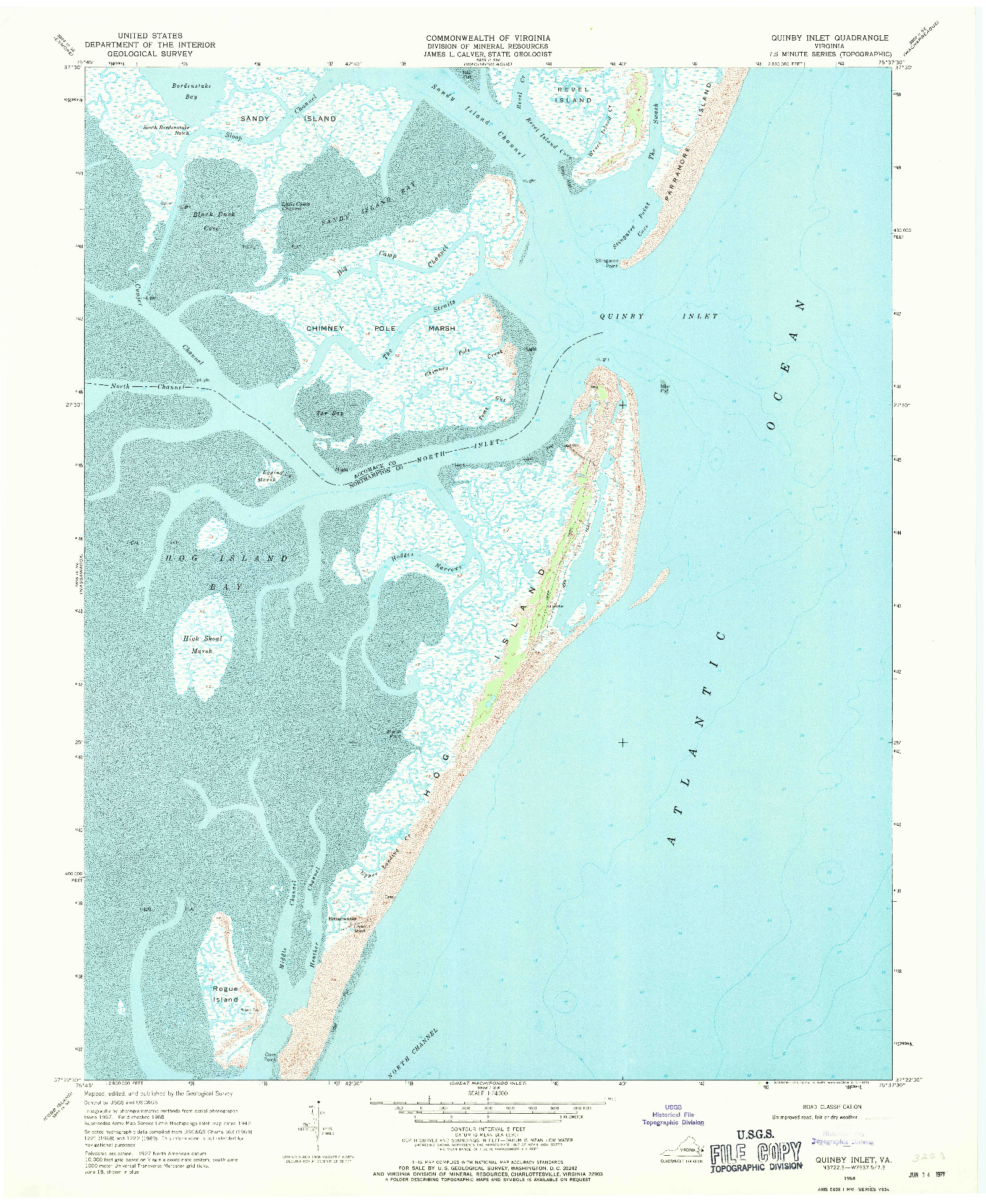 USGS 1:24000-SCALE QUADRANGLE FOR QUINBY INLET, VA 1968