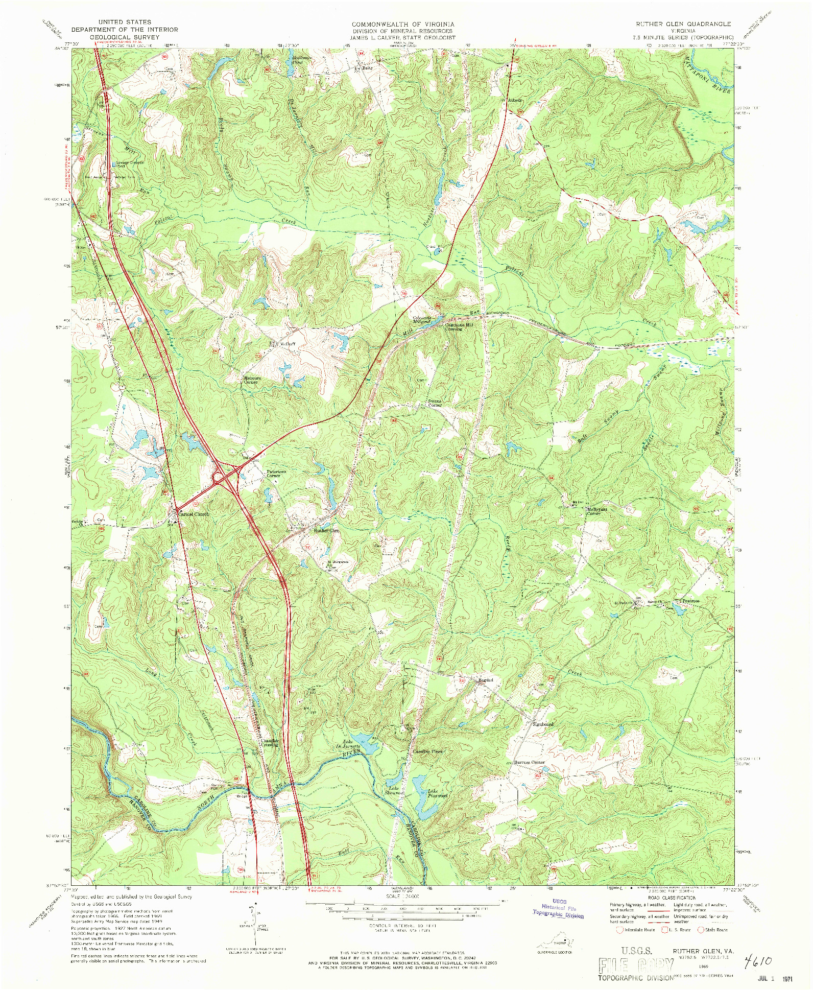 USGS 1:24000-SCALE QUADRANGLE FOR RUTHER GLEN, VA 1969