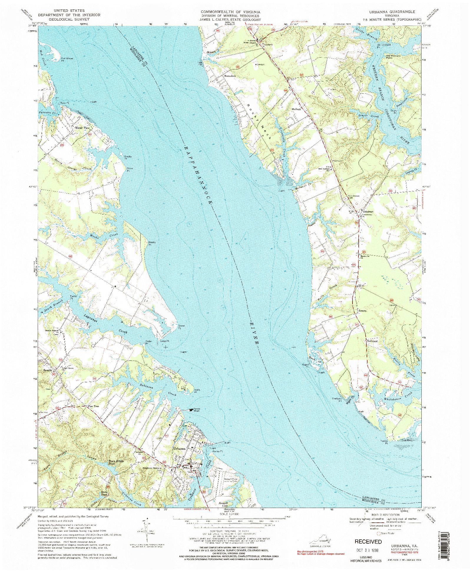 USGS 1:24000-SCALE QUADRANGLE FOR URBANNA, VA 1968