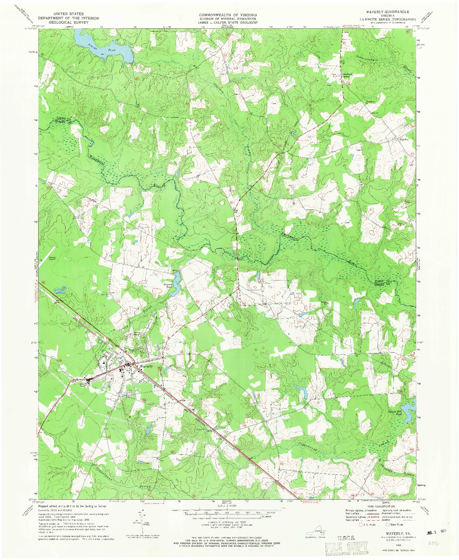 USGS 1:24000-SCALE QUADRANGLE FOR WAVERLY, VA 1969