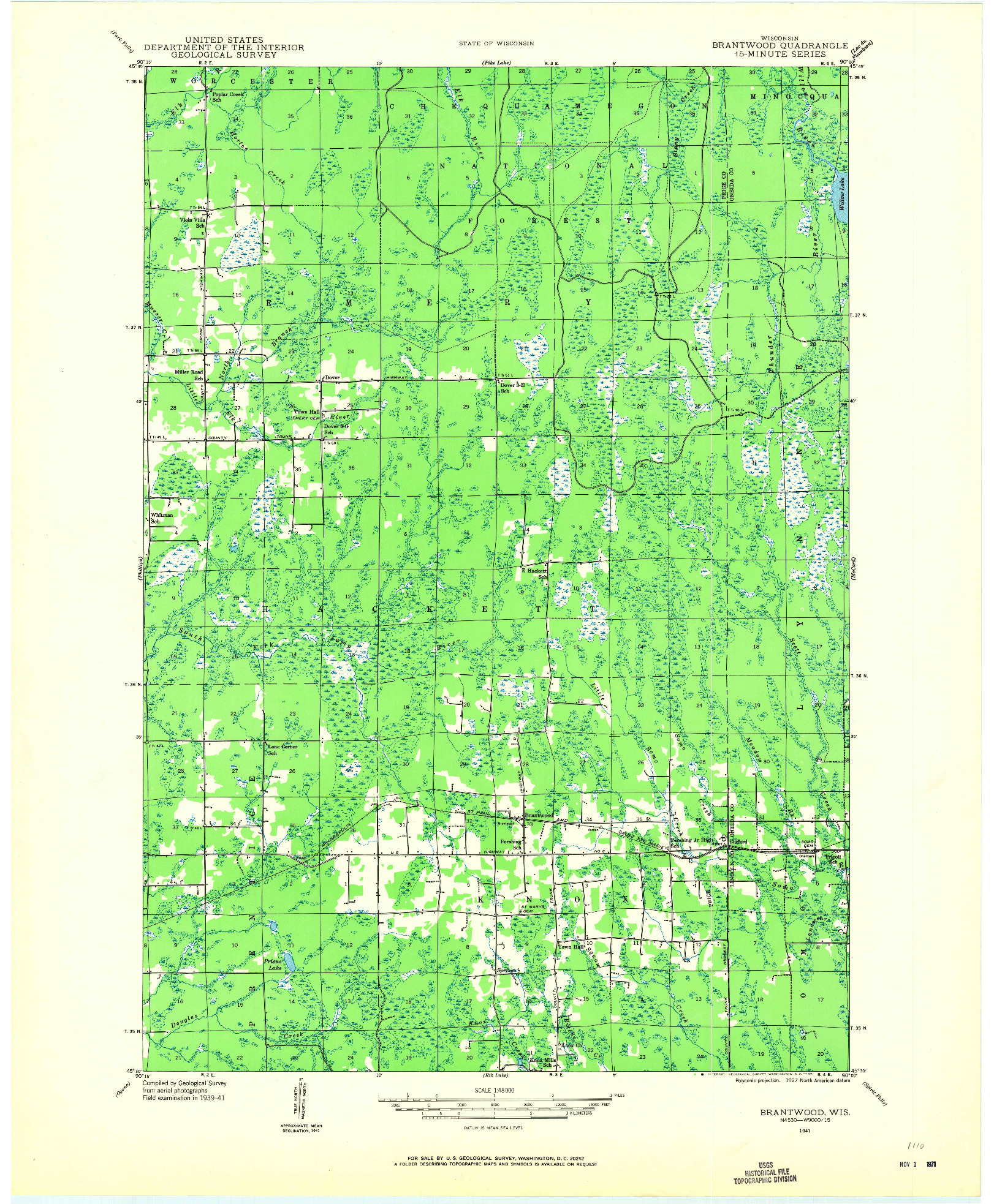 USGS 1:48000-SCALE QUADRANGLE FOR BRANTWOOD, WI 1941