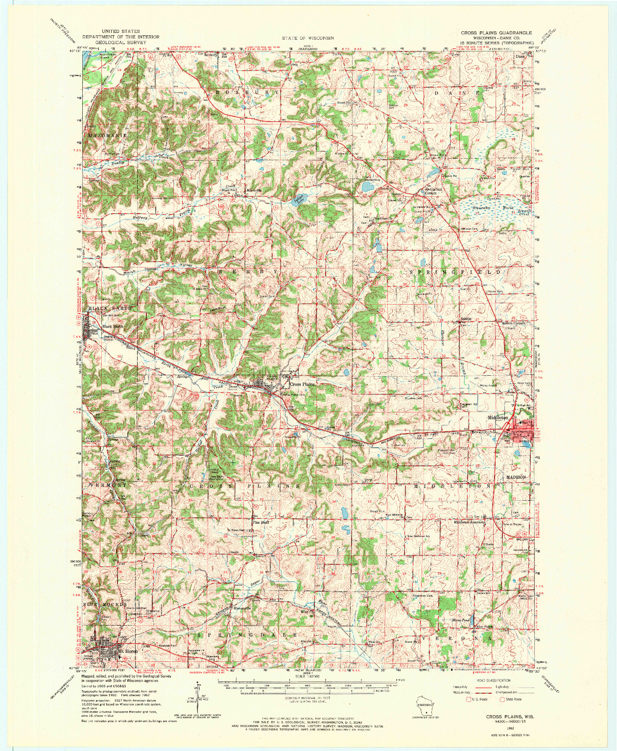 USGS 1:62500-SCALE QUADRANGLE FOR CROSS PLAINS, WI 1962