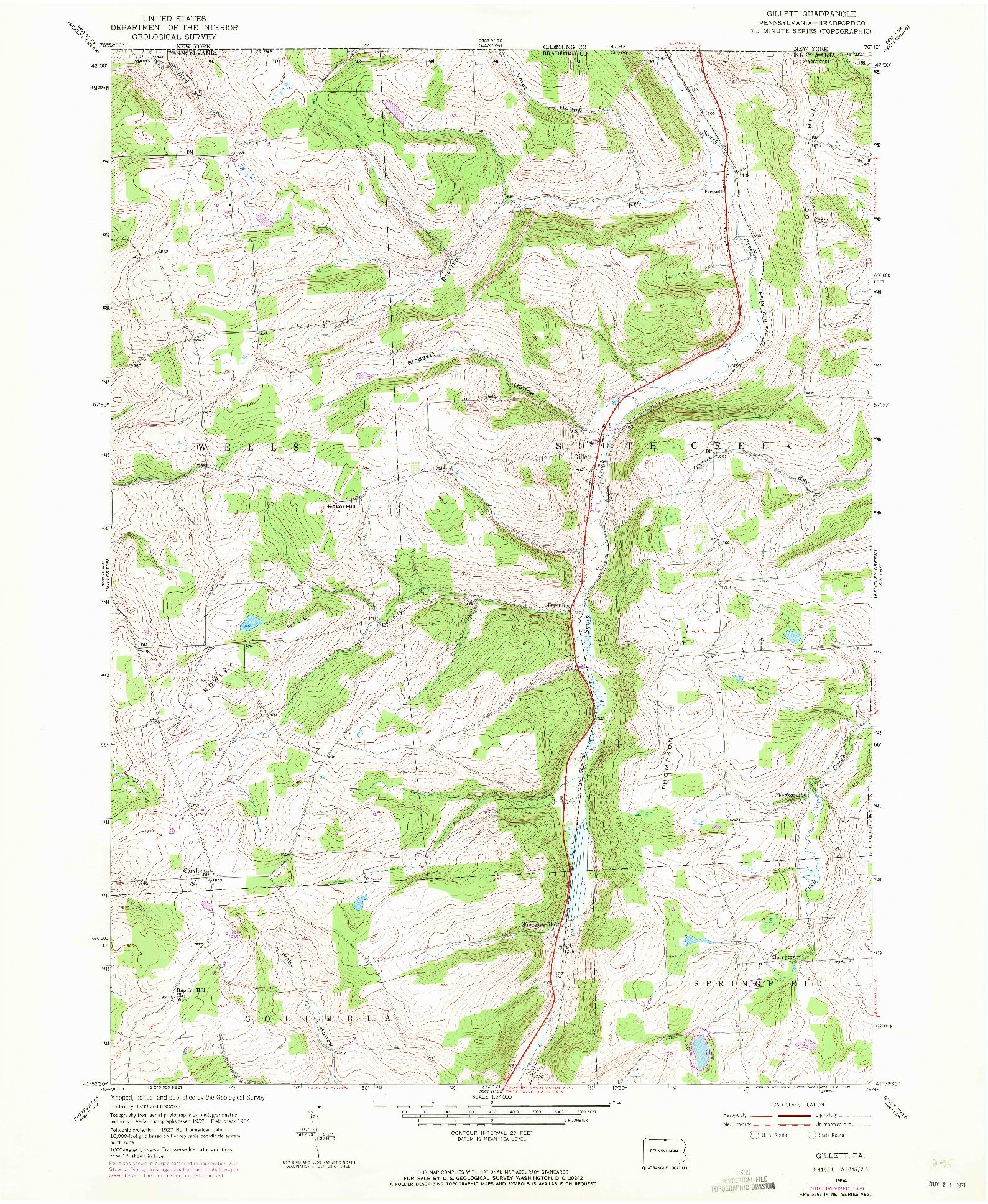 USGS 1:24000-SCALE QUADRANGLE FOR GILLETT, PA 1954