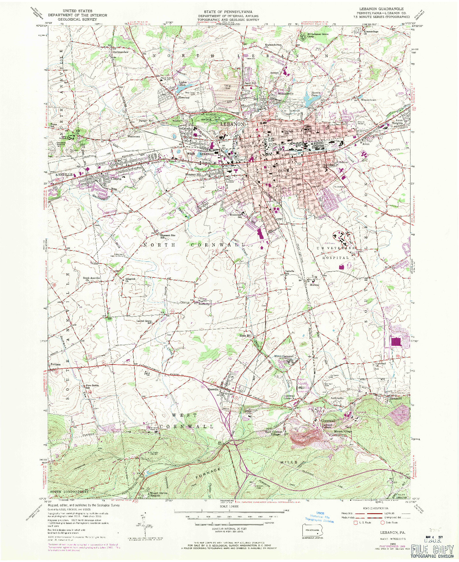 USGS 1:24000-SCALE QUADRANGLE FOR LEBANON, PA 1955