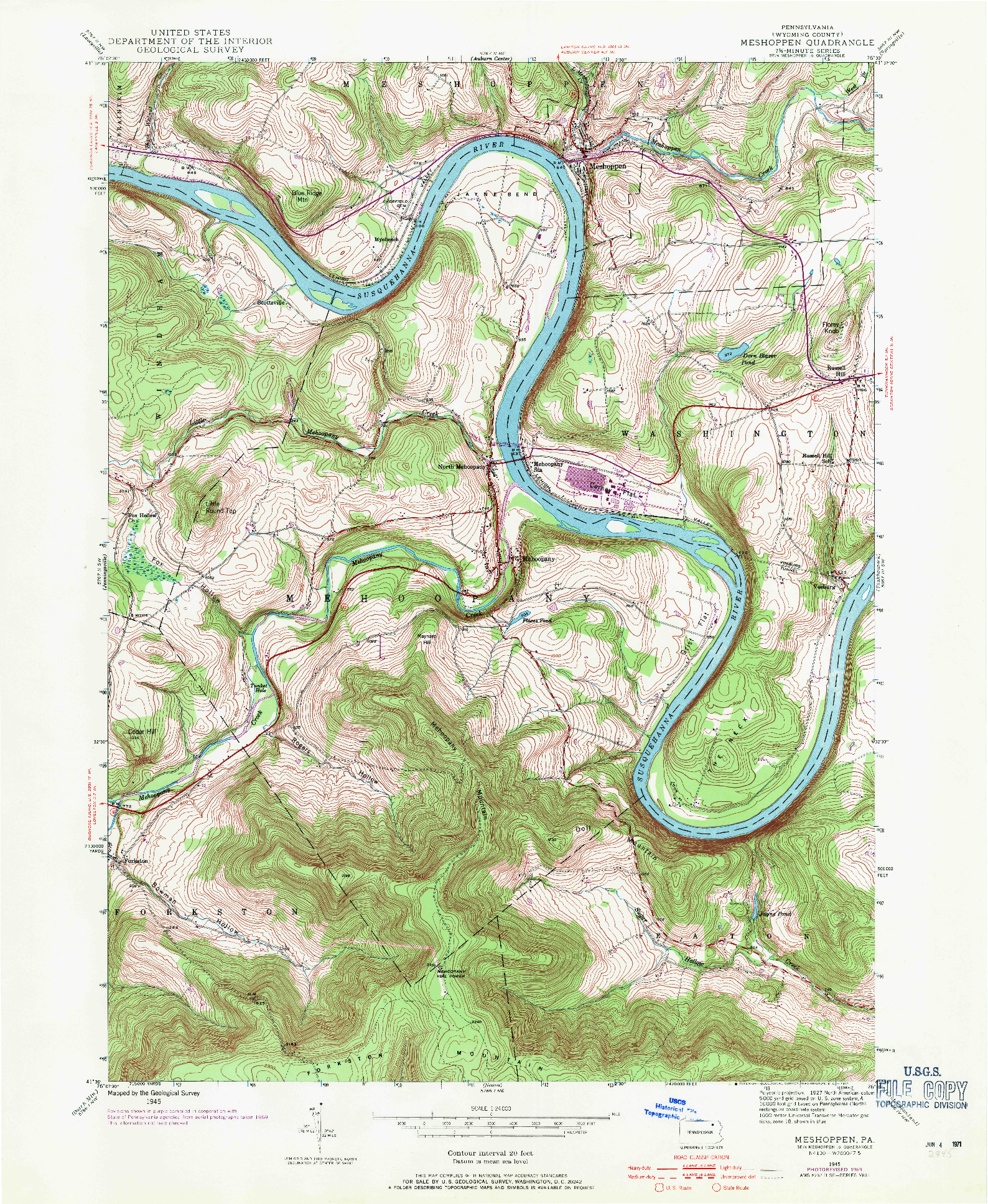 USGS 1:24000-SCALE QUADRANGLE FOR MESHOPPEN, PA 1945