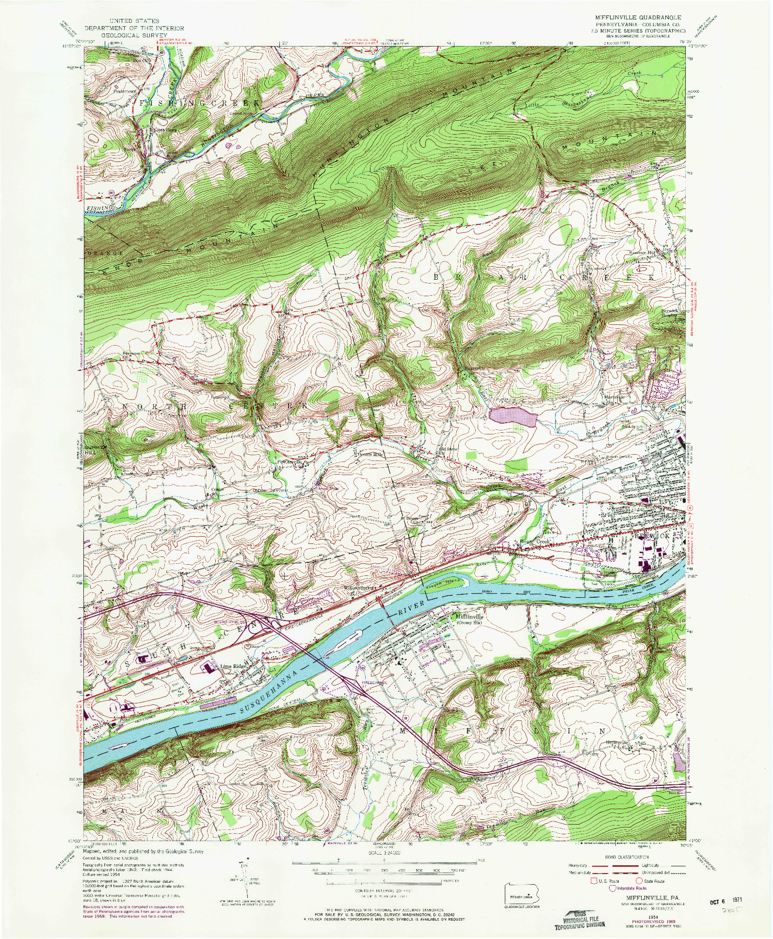 USGS 1:24000-SCALE QUADRANGLE FOR MIFFLINVILLE, PA 1954