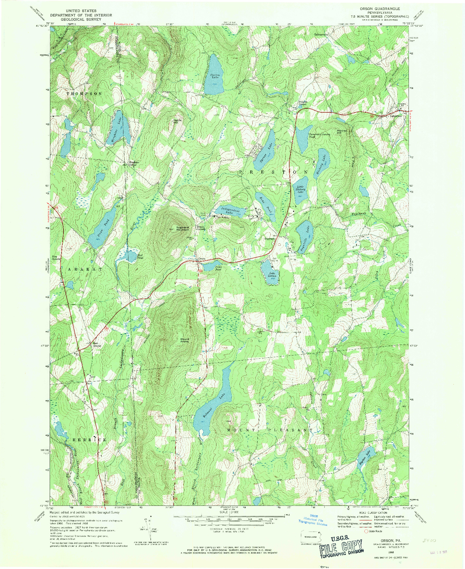 USGS 1:24000-SCALE QUADRANGLE FOR ORSON, PA 1968