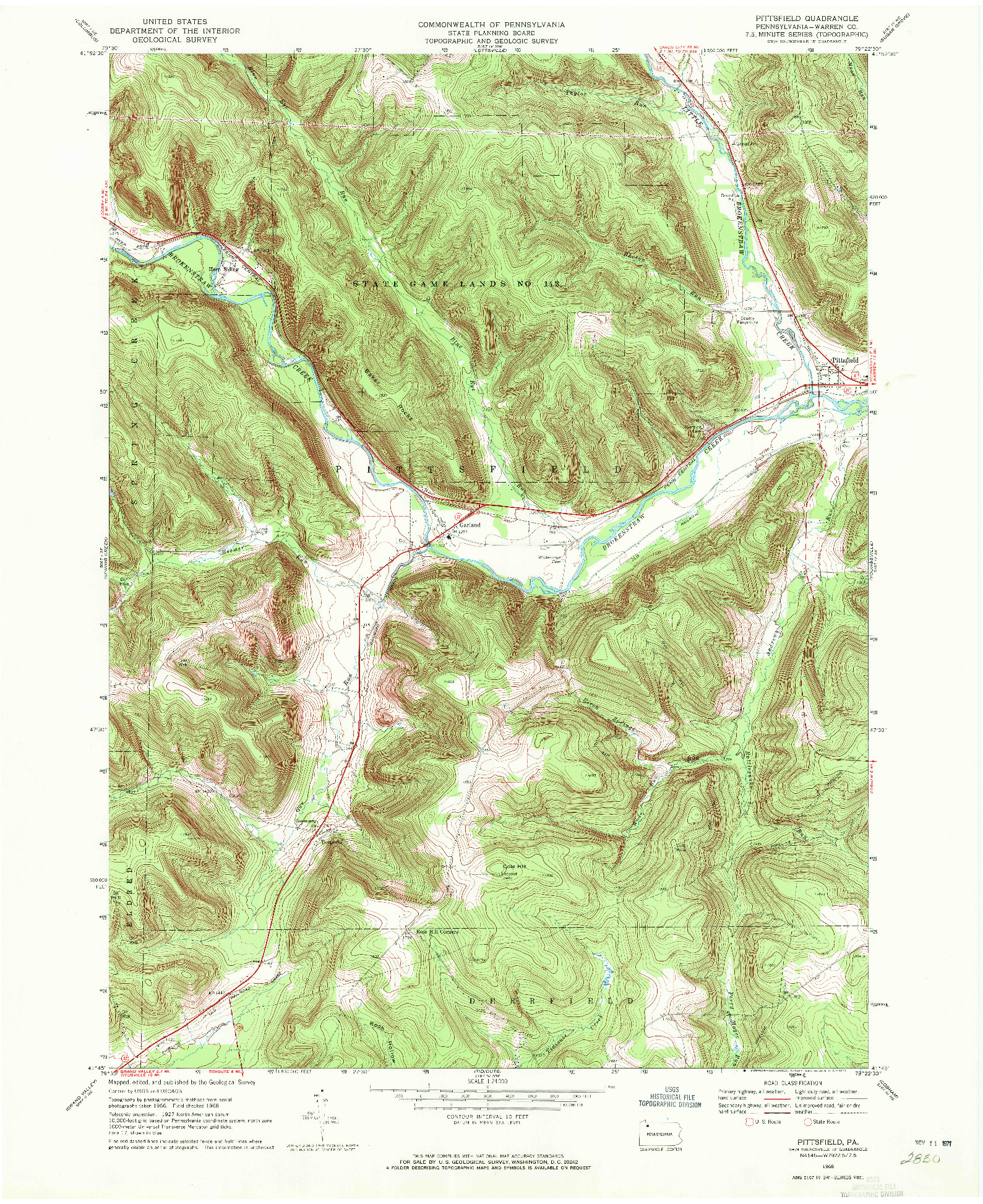 USGS 1:24000-SCALE QUADRANGLE FOR PITTSFIELD, PA 1968