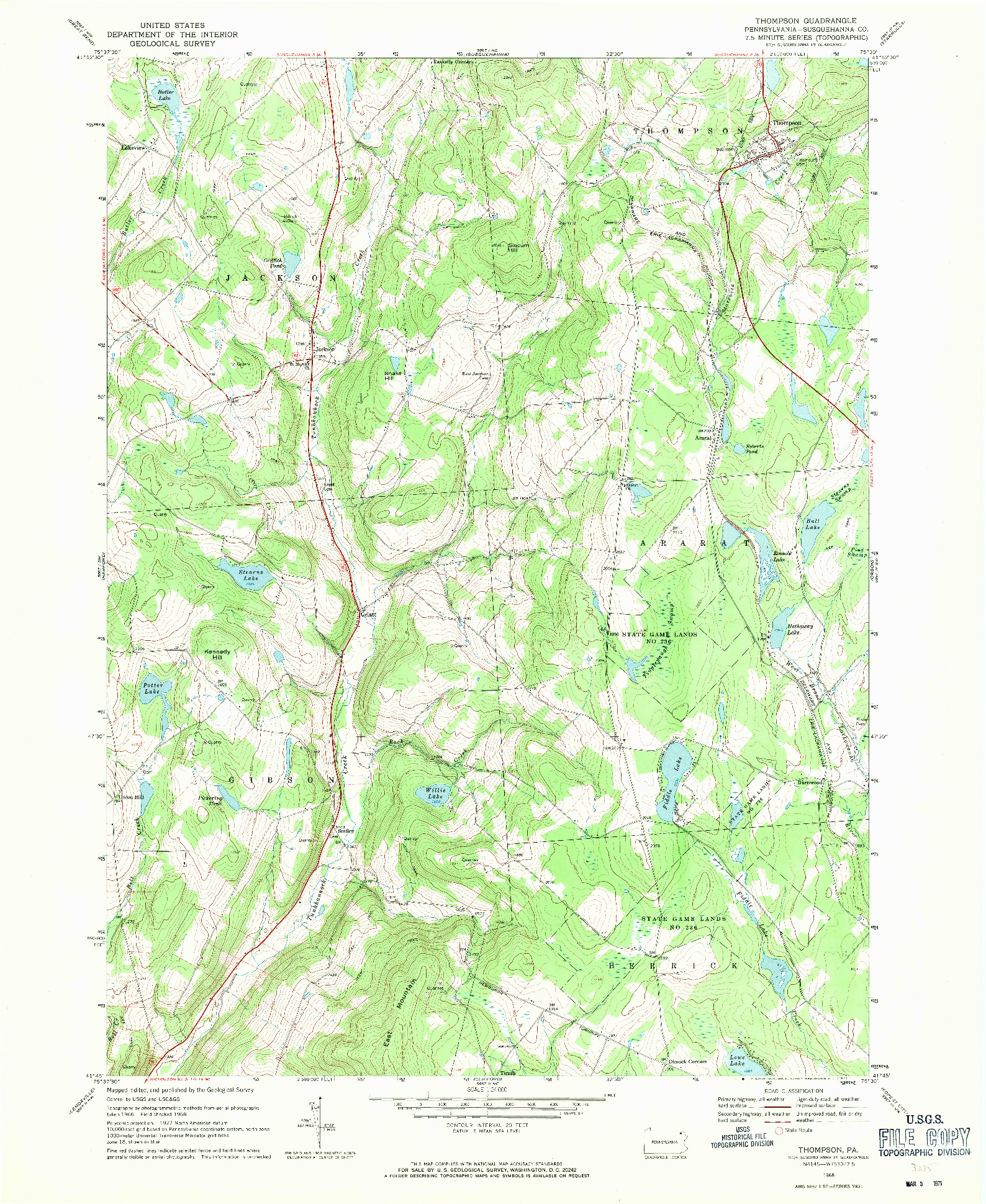 USGS 1:24000-SCALE QUADRANGLE FOR THOMPSON, PA 1968