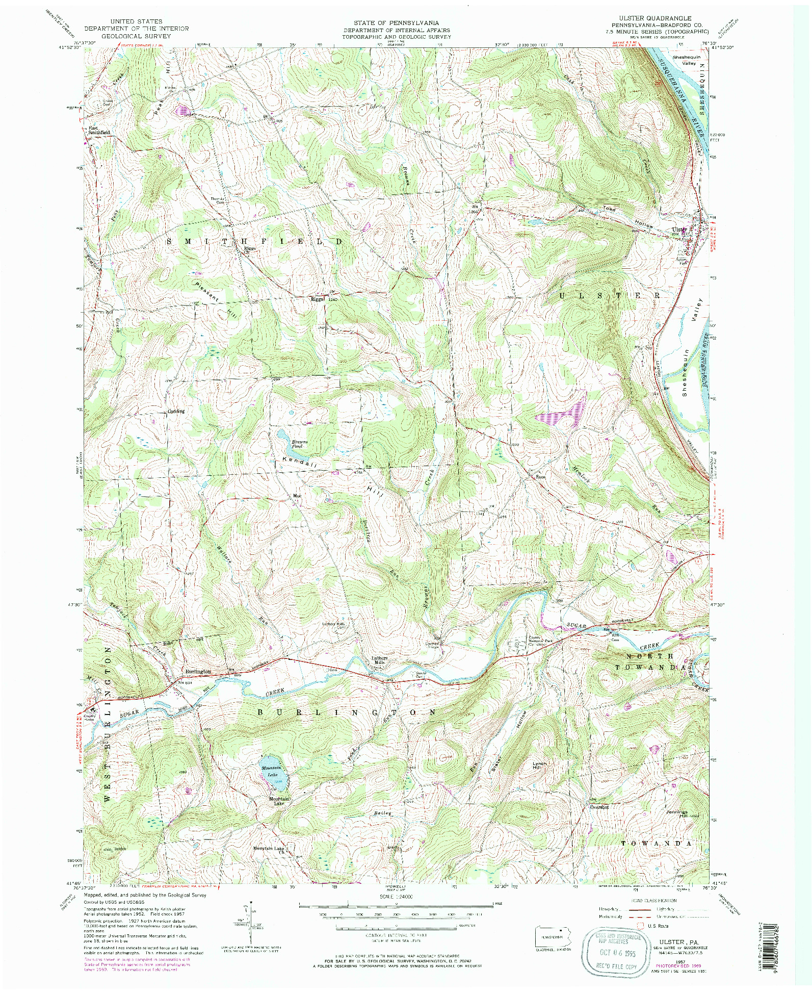 USGS 1:24000-SCALE QUADRANGLE FOR ULSTER, PA 1957