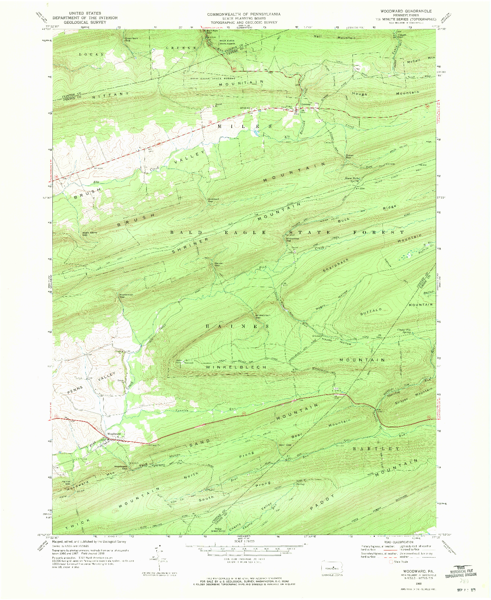 USGS 1:24000-SCALE QUADRANGLE FOR WOODWARD, PA 1968