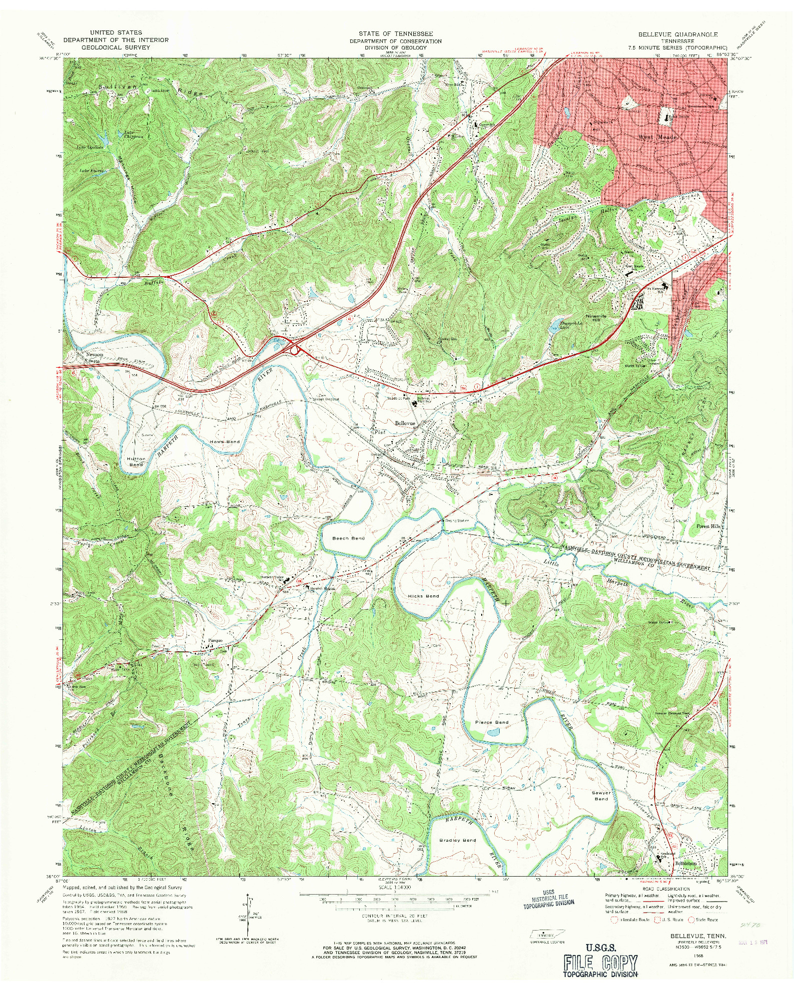 USGS 1:24000-SCALE QUADRANGLE FOR BELLEVUE, TN 1968