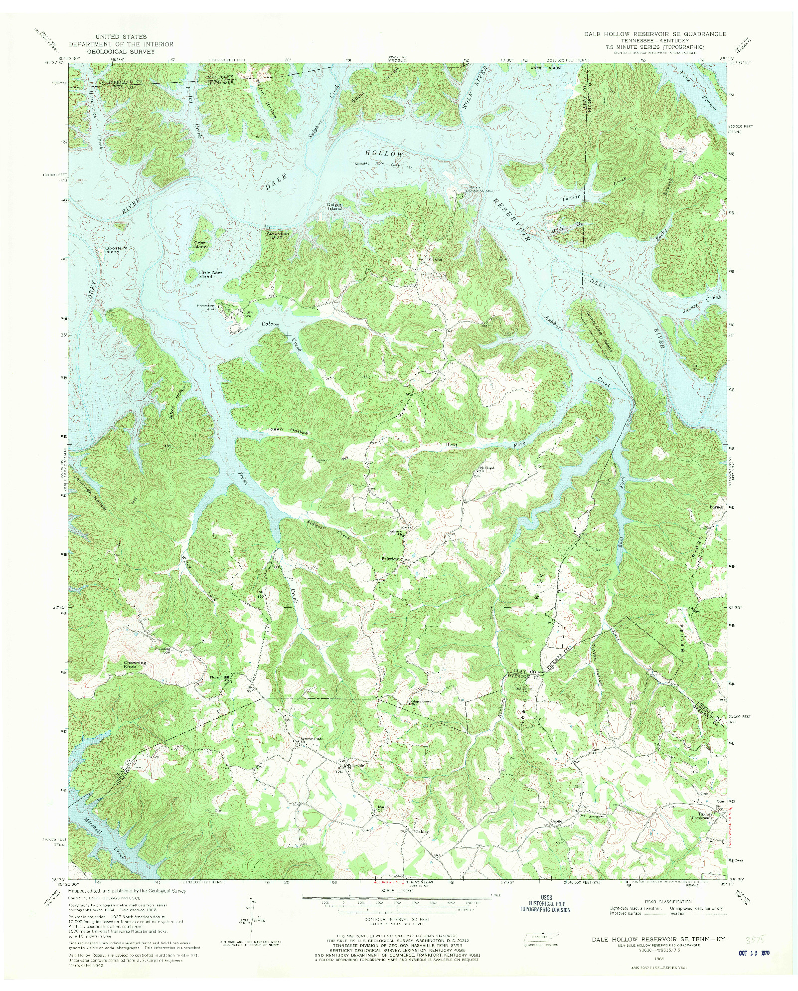 USGS 1:24000-SCALE QUADRANGLE FOR DALE HOLLOW RESERVOIR SE, TN 1968