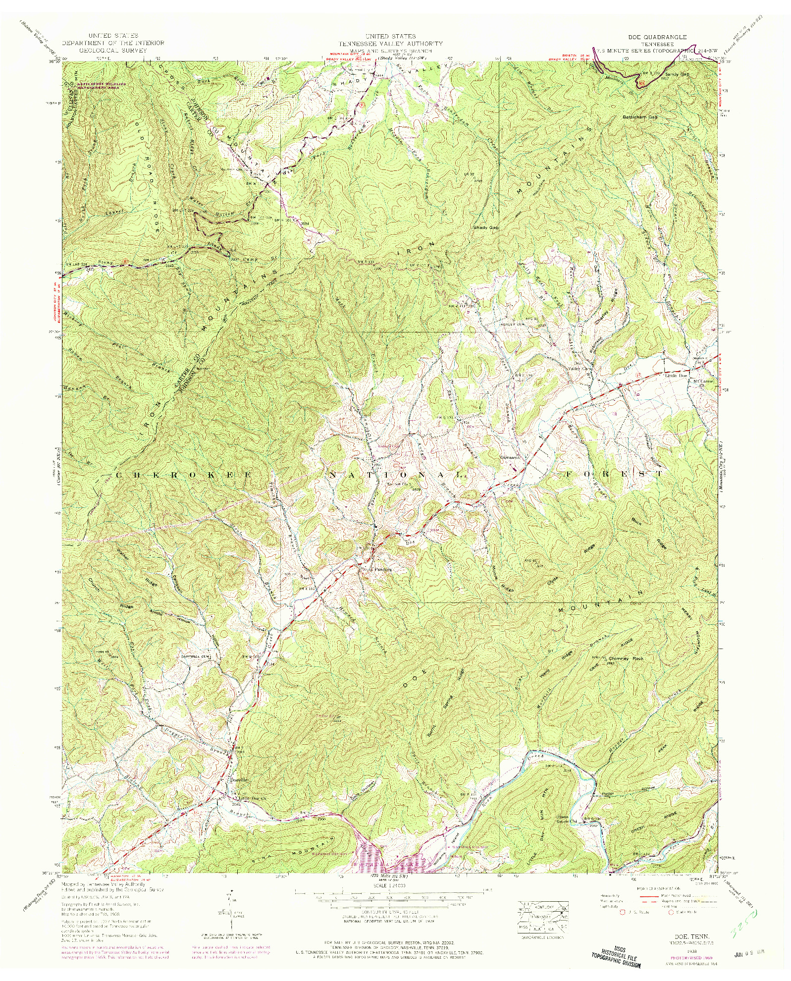 USGS 1:24000-SCALE QUADRANGLE FOR DOE, TN 1938