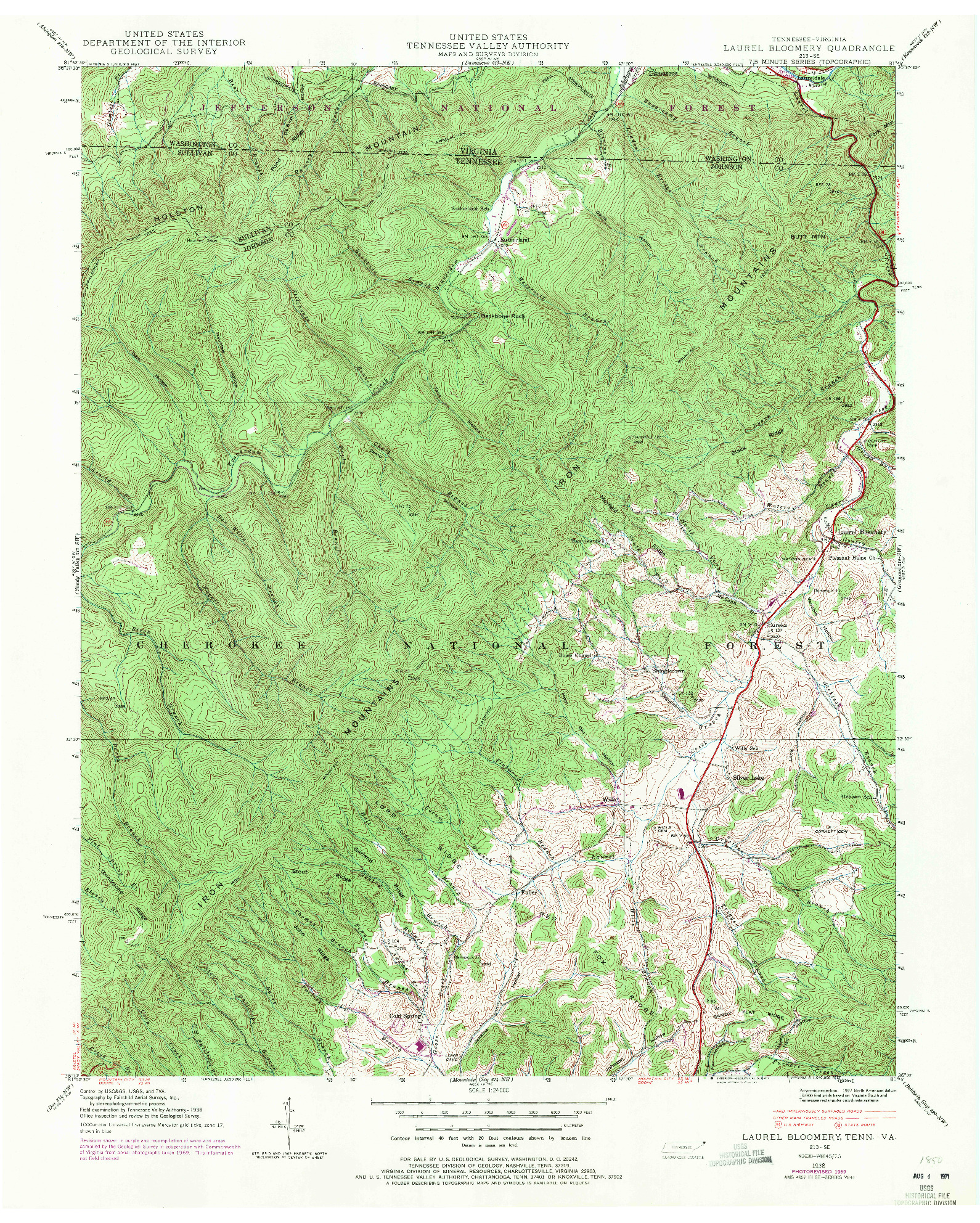 USGS 1:24000-SCALE QUADRANGLE FOR LAUREL BLOOMERY, TN 1938