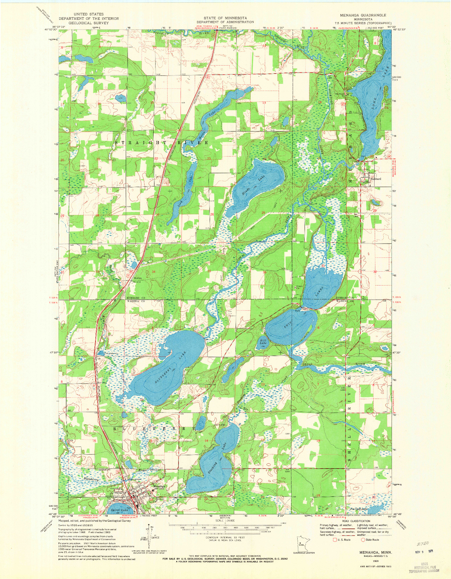 USGS 1:24000-SCALE QUADRANGLE FOR MENAHGA, MN 1969