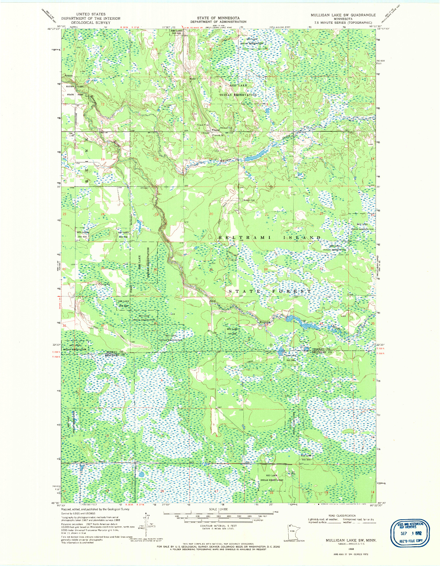 USGS 1:24000-SCALE QUADRANGLE FOR MULLIGAN LAKE SW, MN 1968