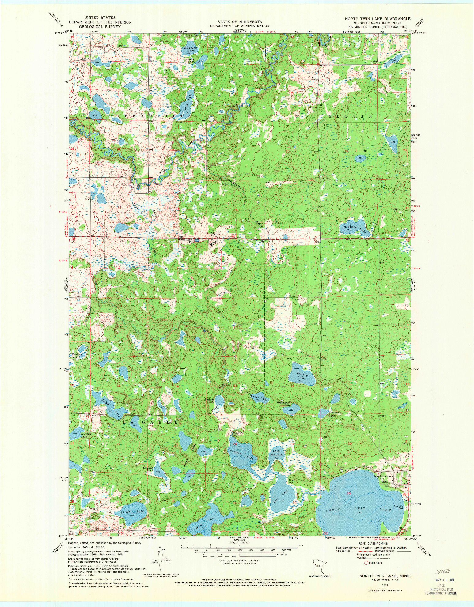 USGS 1:24000-SCALE QUADRANGLE FOR NORTH TWIN LAKE, MN 1969