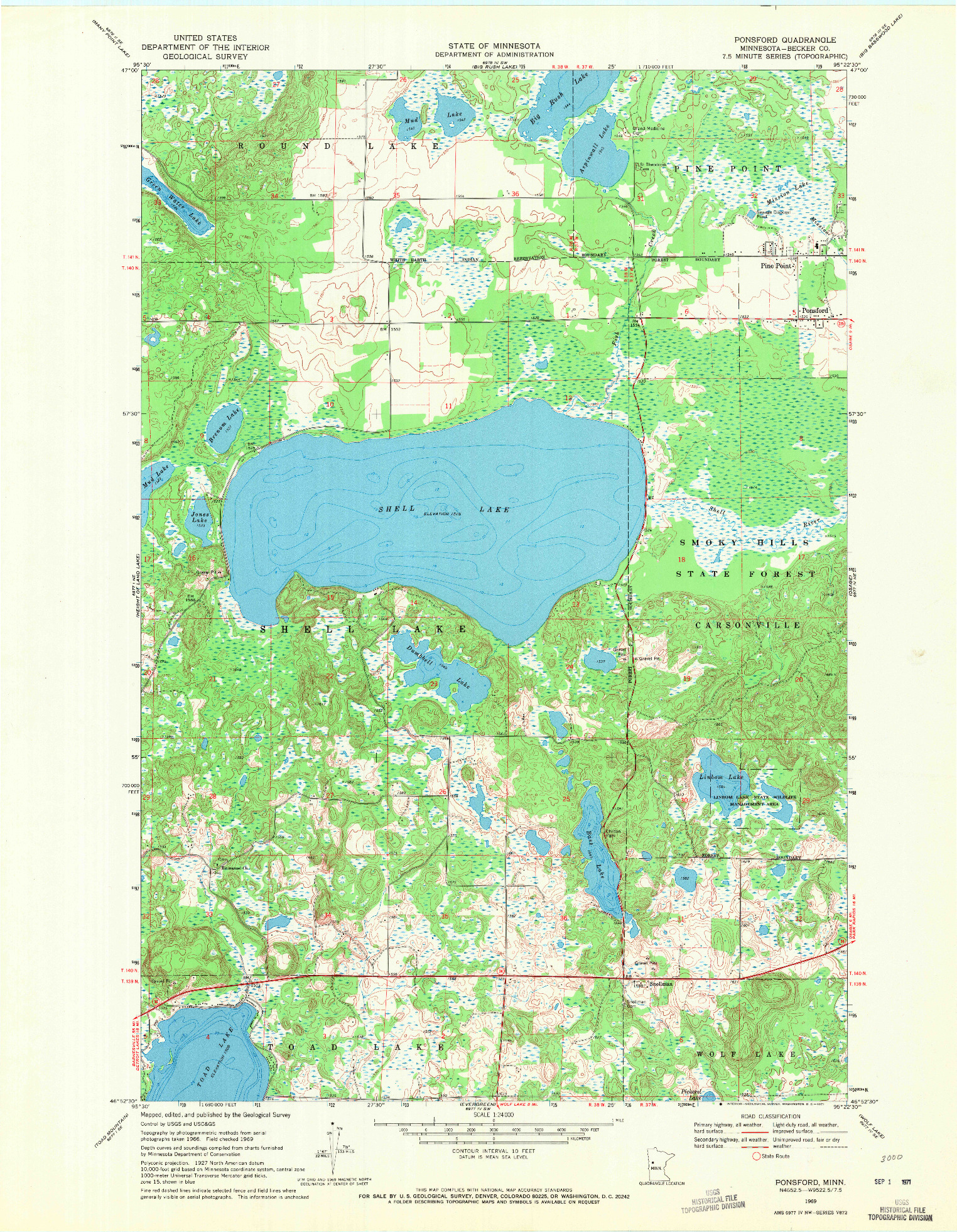 USGS 1:24000-SCALE QUADRANGLE FOR PONSFORD, MN 1969