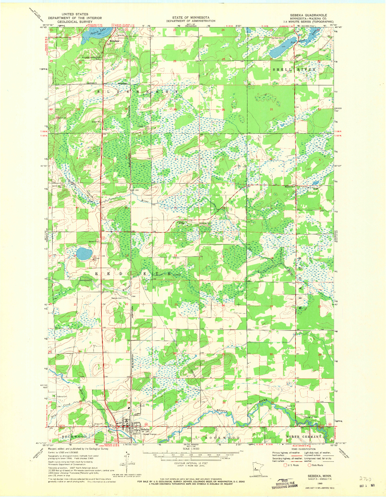 USGS 1:24000-SCALE QUADRANGLE FOR SEBEKA, MN 1969